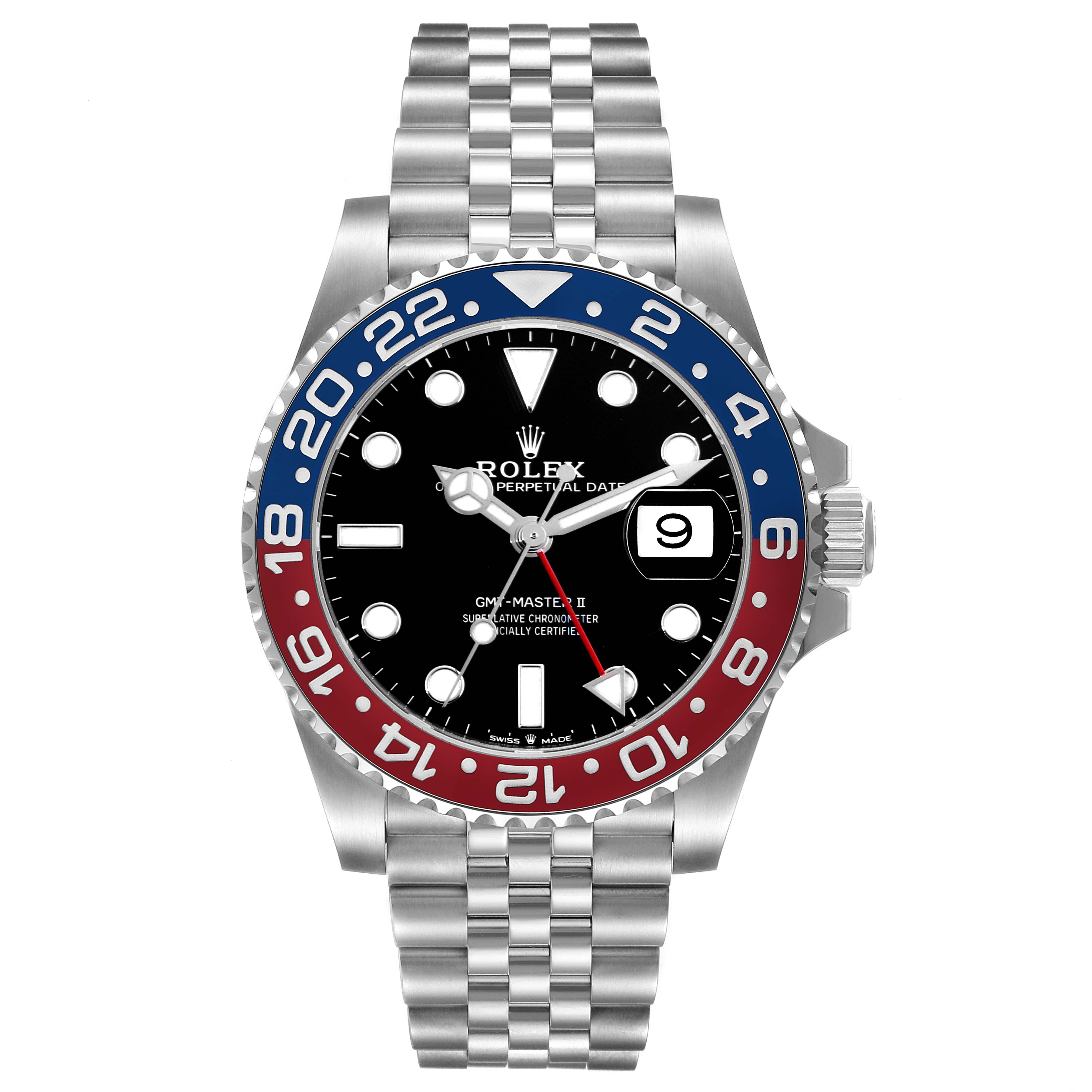 The image shows a front view of a Rolex GMT-Master 126710BLRO Men
s Stainless Steel Black Dial 126710BLRO Men
s Stainless Steel Black Dial II watch, including the bezel, dial, hands, and bracelet.