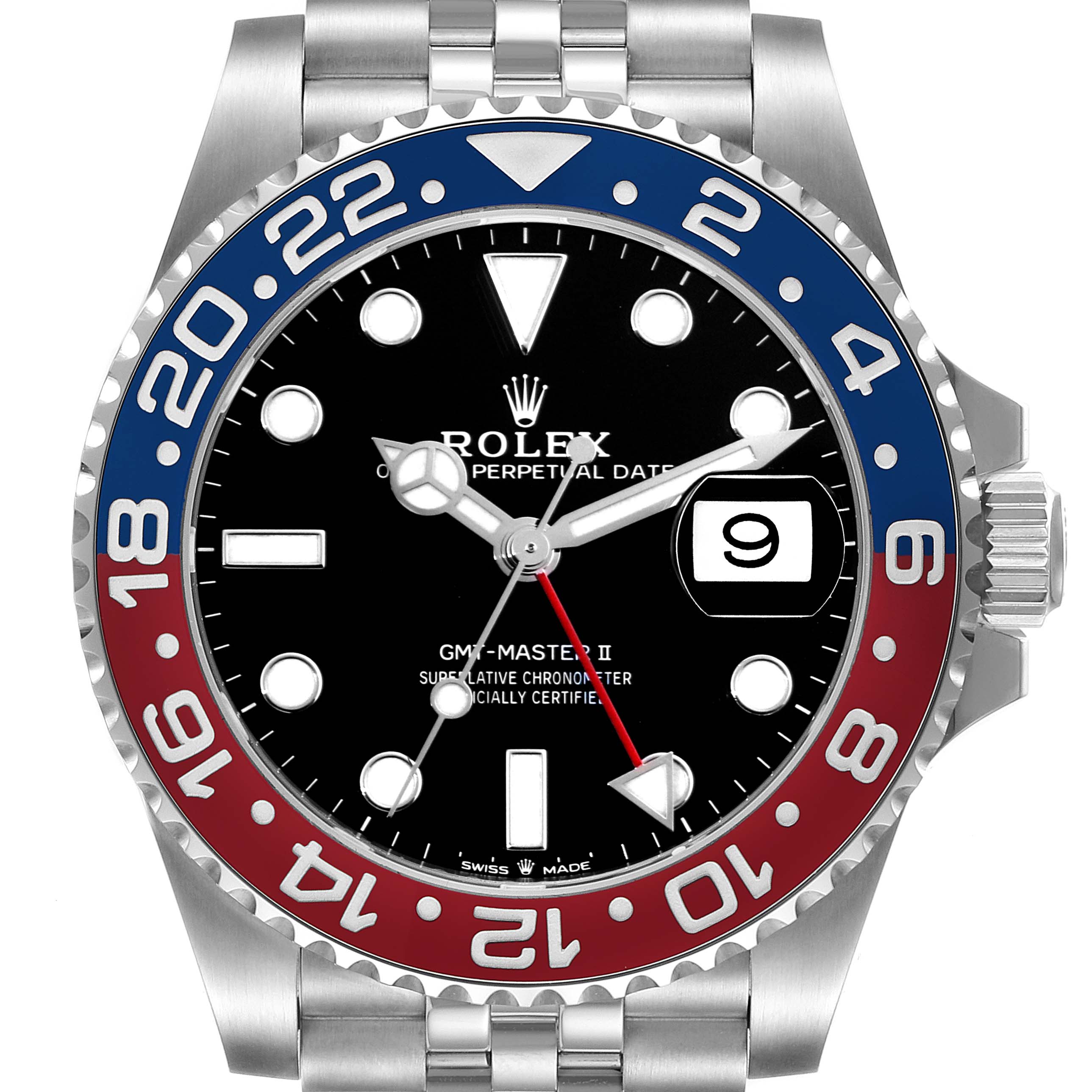 The image shows a front view of the Rolex GMT-Master 126710BLRO Men
s Stainless Steel Black Dial 126710BLRO Men
s Stainless Steel Black Dial II watch, displaying its bezel, dial, hands, and date window.