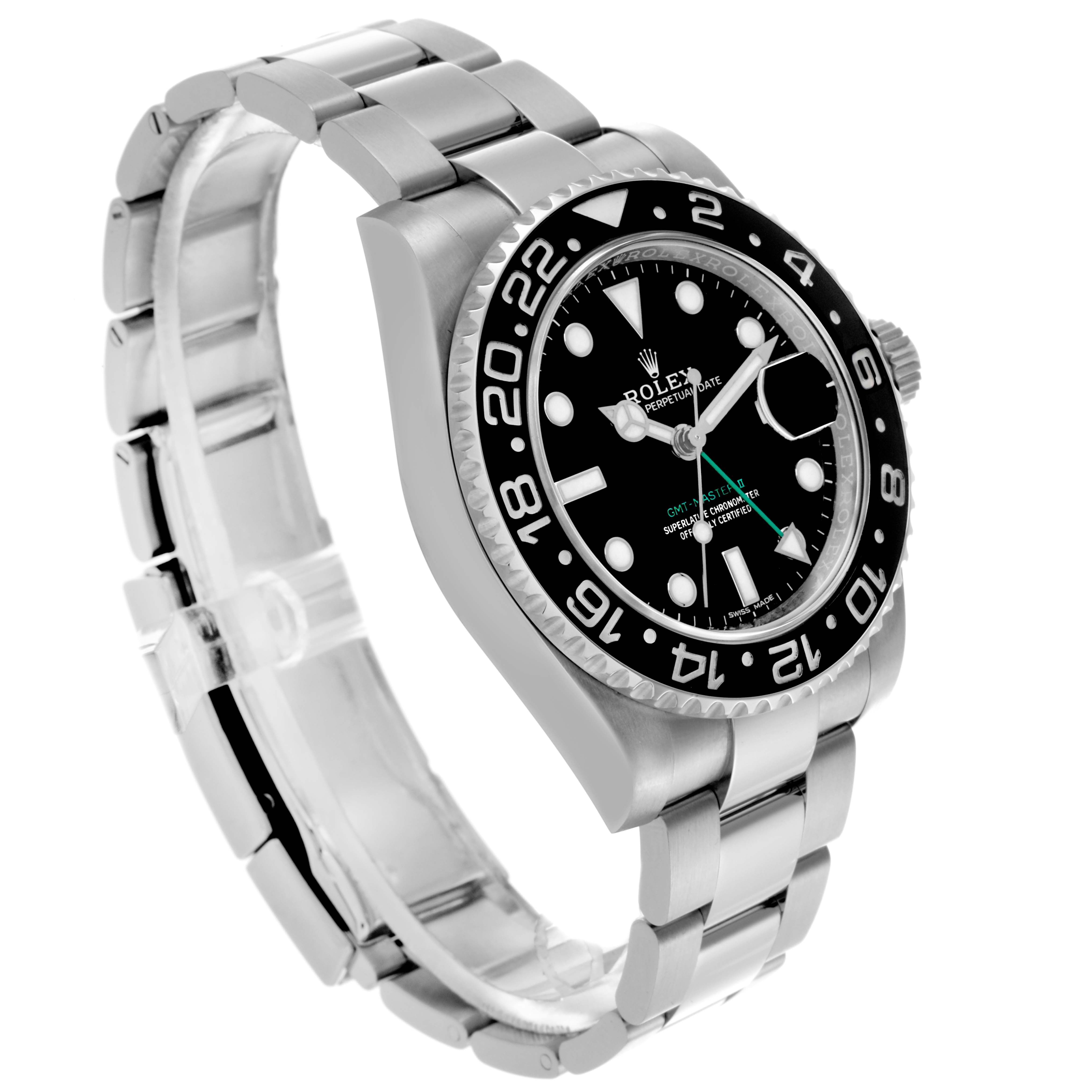The Rolex GMT-Master 116710LN Men
s Stainless Steel Black Dial 116710LN Men
s Stainless Steel Black Dial watch is shown at a three-quarter angle, displaying the bracelet, bezel, dial, and crown.