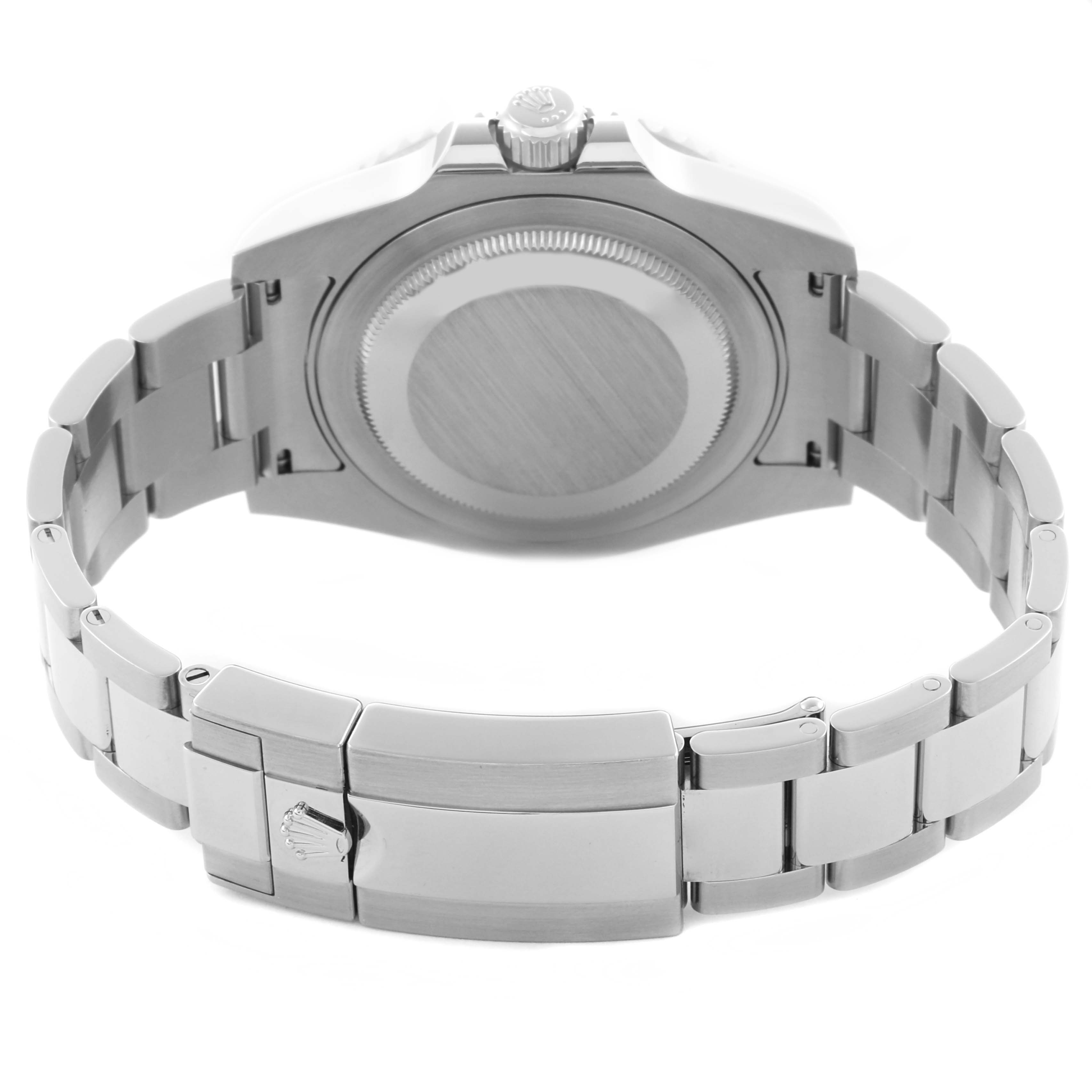 The image shows the back of a Rolex GMT-Master 116710LN Men
s Stainless Steel Black Dial 116710LN Men
s Stainless Steel Black Dial watch, highlighting the case back and stainless steel bracelet with clasp.