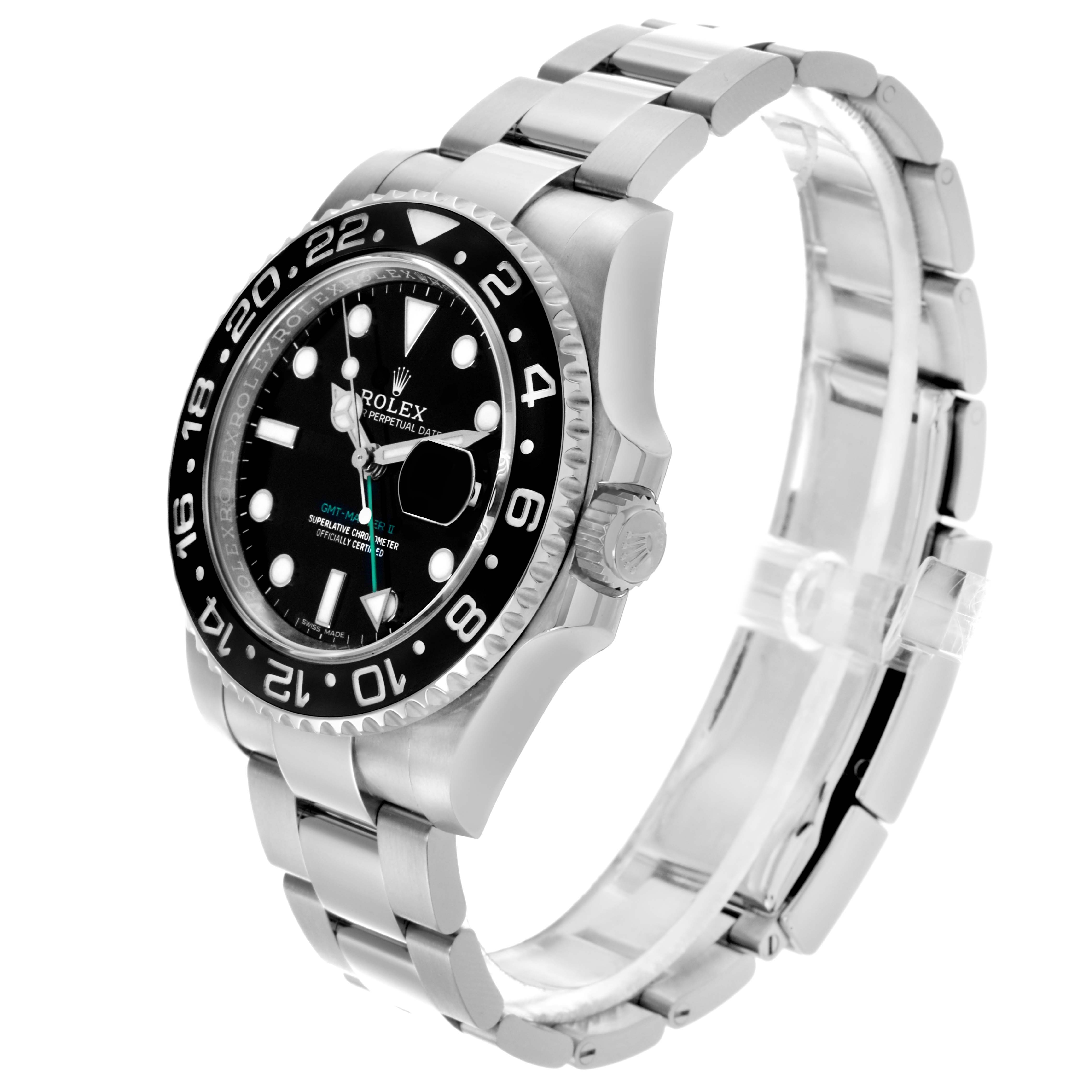 The Rolex GMT-Master 116710LN Men
s Stainless Steel Black Dial 116710LN Men
s Stainless Steel Black Dial watch is shown at a three-quarter angle, displaying the face, bezel, crown, and bracelet.
