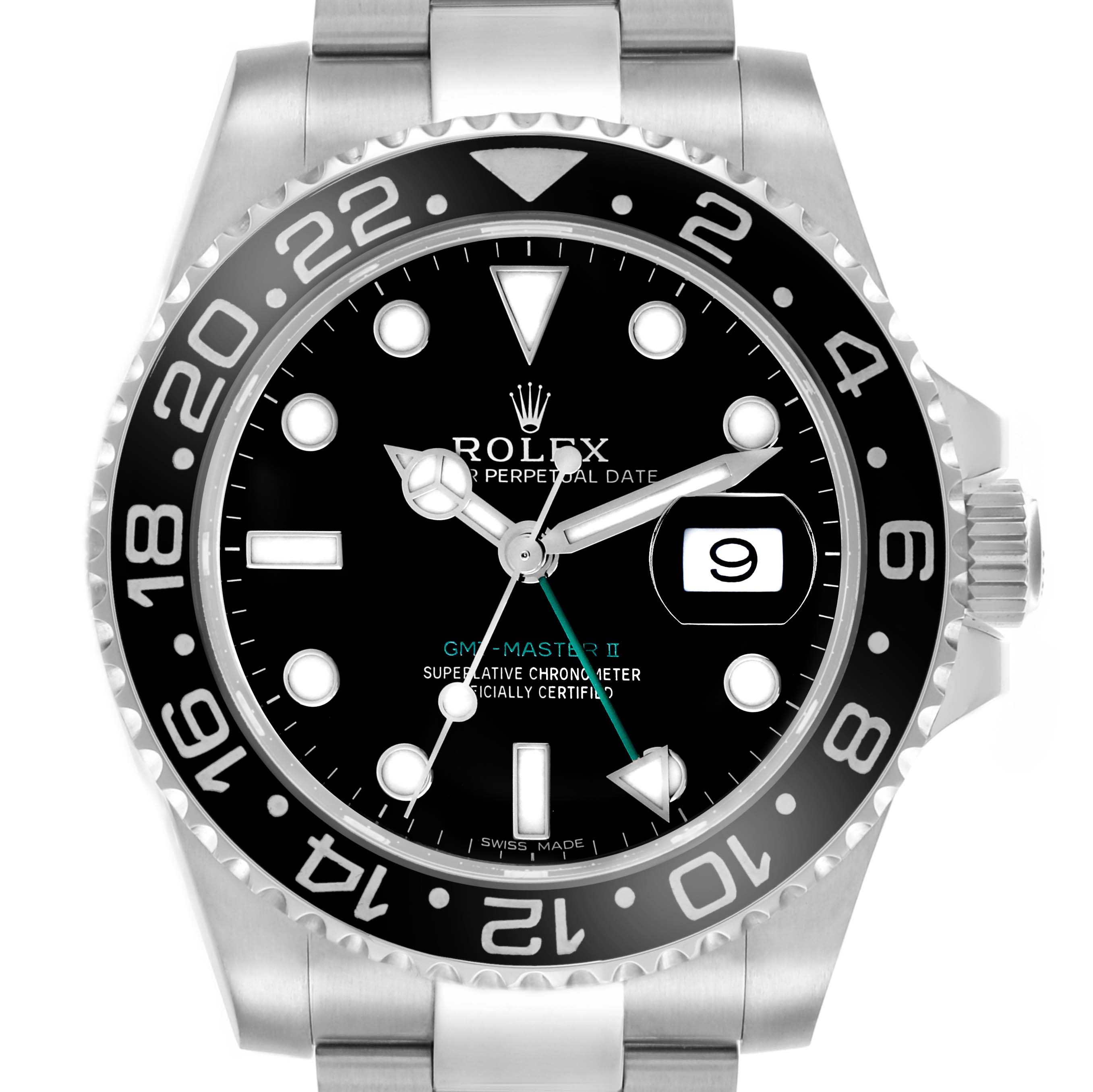 The Rolex GMT-Master 116710LN Men
s Stainless Steel Black Dial 116710LN Men
s Stainless Steel Black Dial model is shown from the front, highlighting the bezel, dial, hands, and date window.