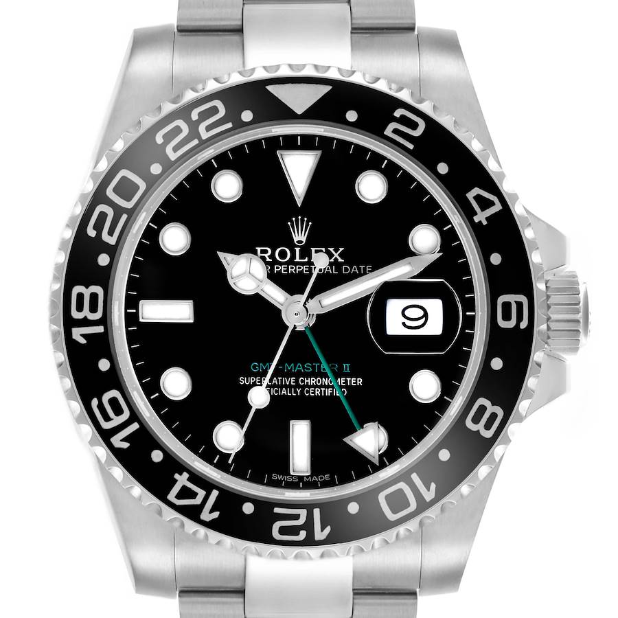 The Rolex GMT-Master model is shown from the front, highlighting the bezel, dial, hands, and date window.