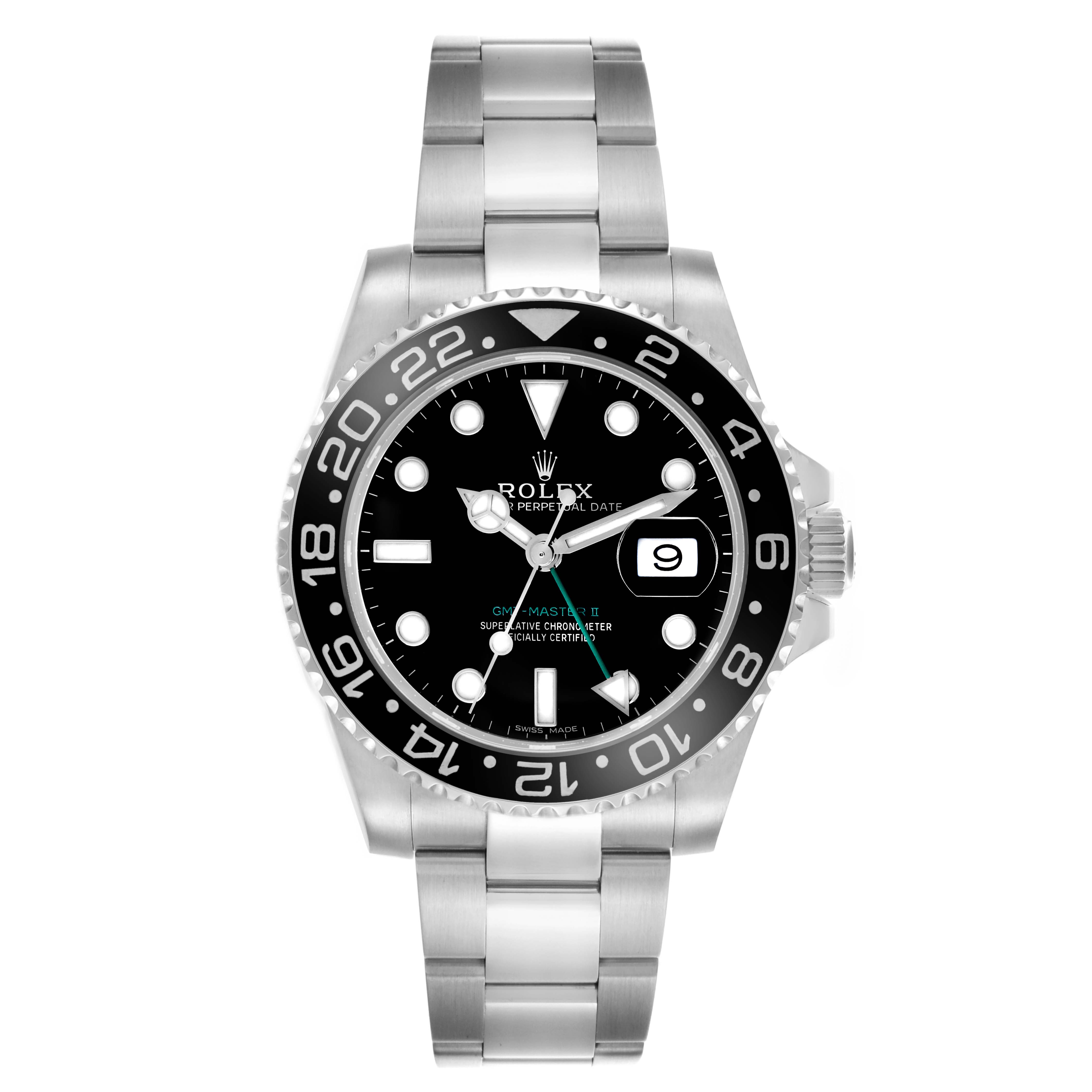 The image shows a front view of the Rolex GMT-Master 116710LN Men
s Stainless Steel Black Dial 116710LN Men
s Stainless Steel Black Dial II watch, highlighting the dial, bezel, bracelet, and case.