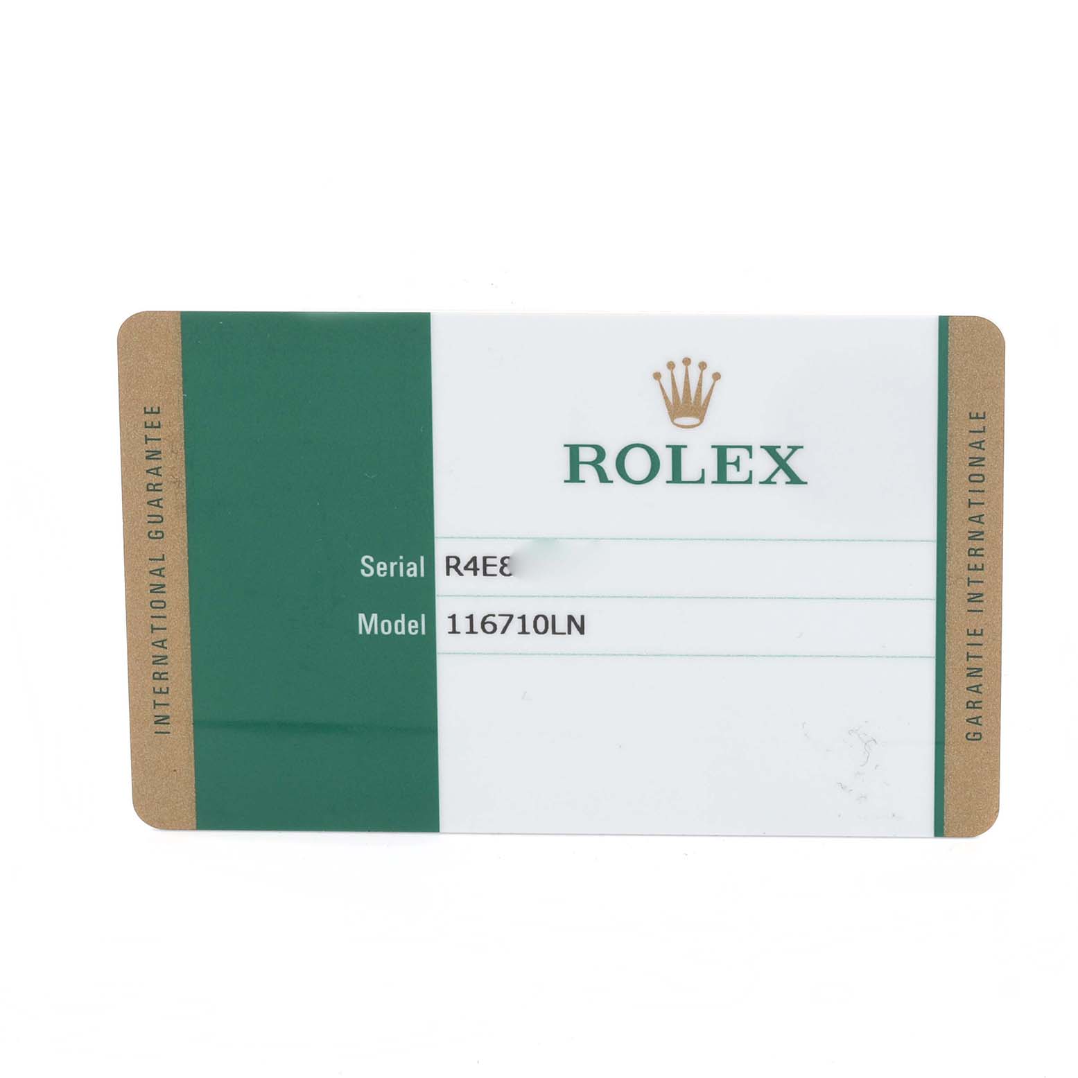 The image shows the guarantee card for a Rolex GMT-Master 116710LN Men
s Stainless Steel Black Dial 116710LN Men
s Stainless Steel Black Dial model 116710LN with serial and model numbers visible.