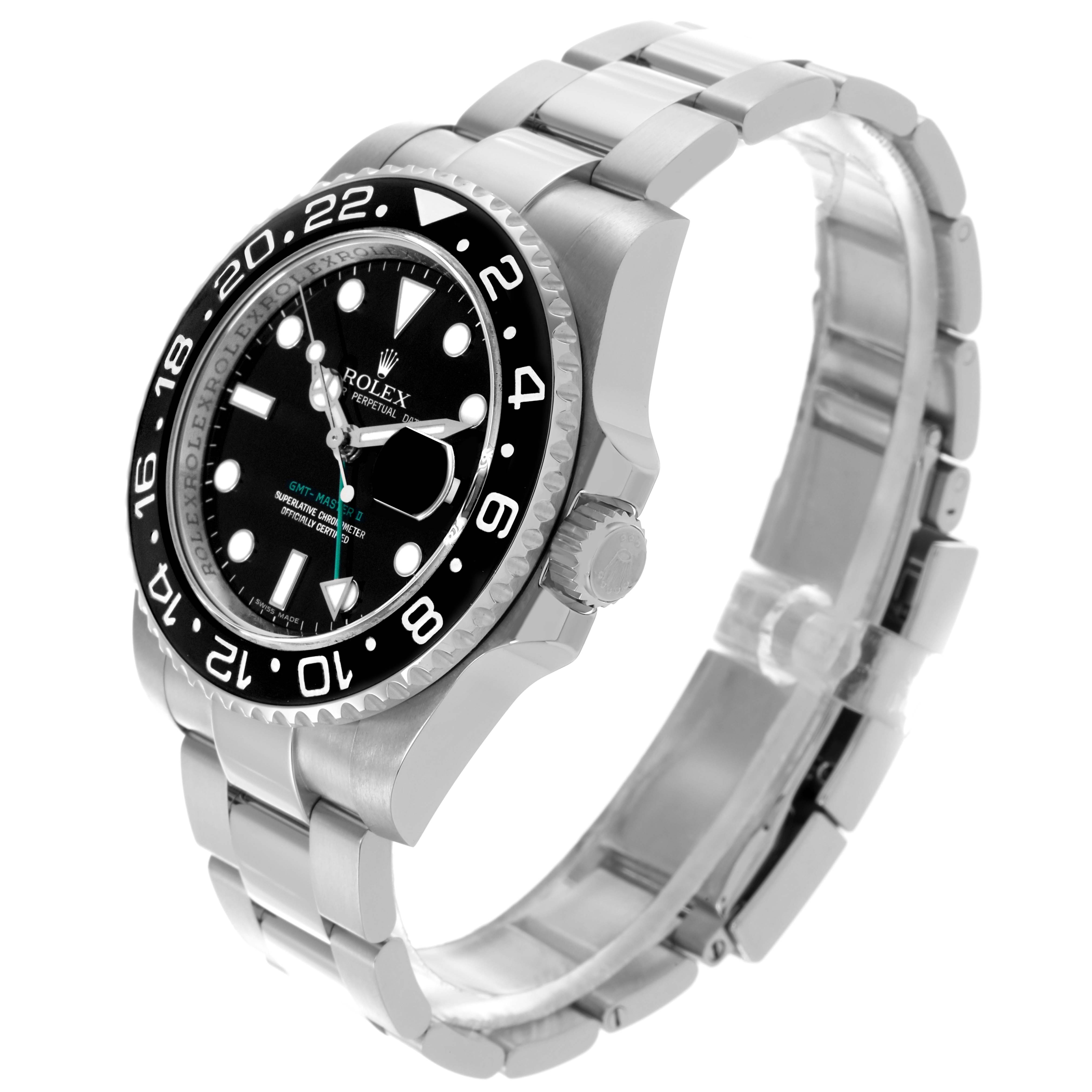 The Rolex GMT-Master 116710LN Men
s Stainless Steel Black Dial 116710LN Men
s Stainless Steel Black Dial is shown at a three-quarter angle, highlighting the bezel, dial, crown, and bracelet.