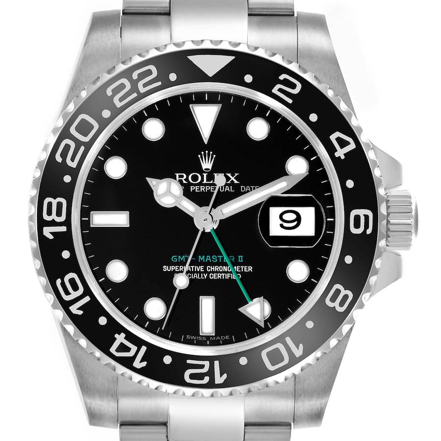 The Rolex GMT-Master model is shown from a front angle, displaying the dial, bezel, hands, and part of the bracelet.