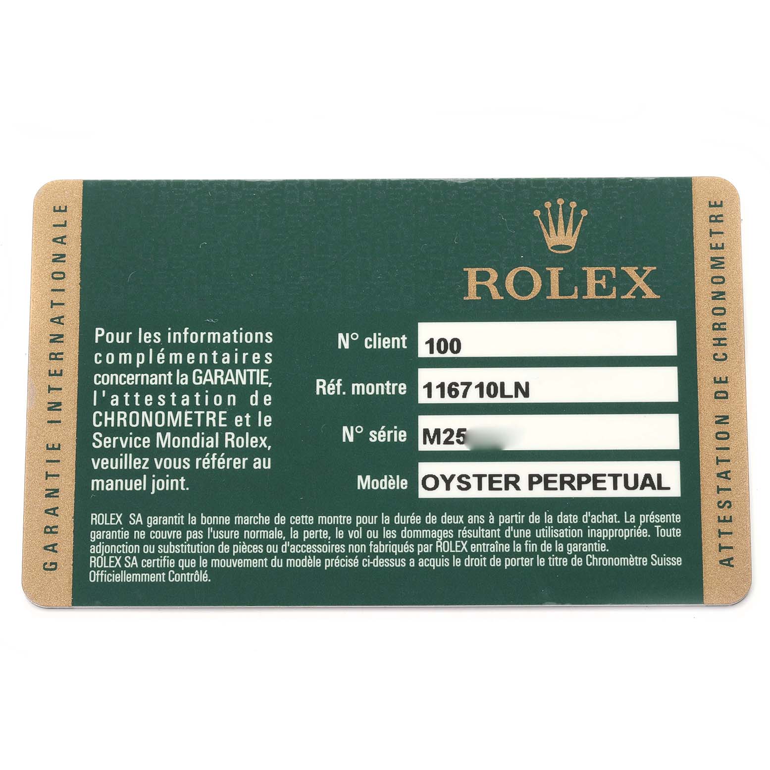 The image shows a warranty card for the Rolex GMT-Master 116710LN Men
s Stainless Steel Black Dial 116710LN Men
s Stainless Steel Black Dial, displaying model, reference, and customer information.