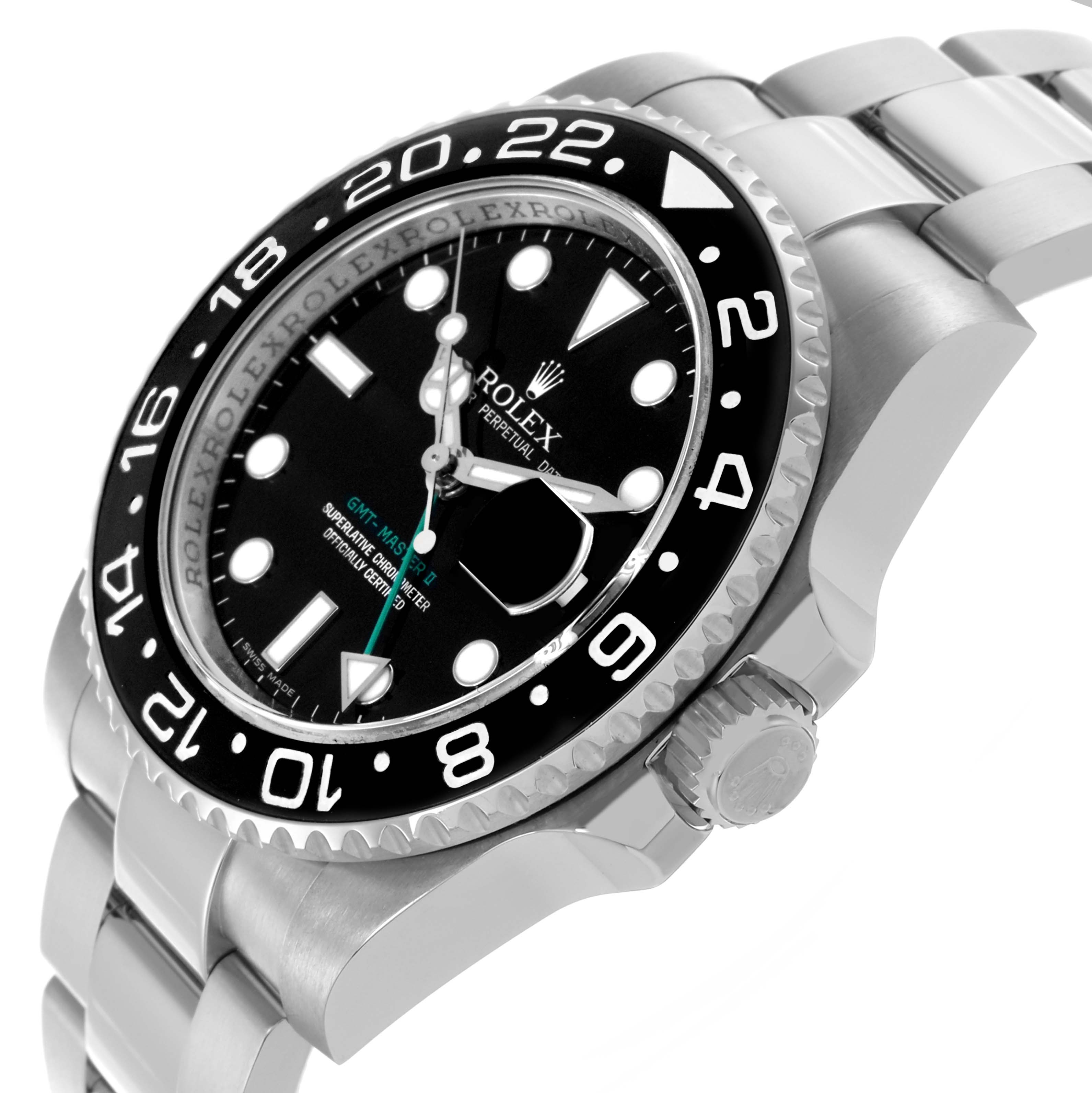The Rolex GMT-Master 116710LN Men
s Stainless Steel Black Dial 116710LN Men
s Stainless Steel Black Dial is shown at an angled side view, highlighting the face, bezel, and part of the bracelet.