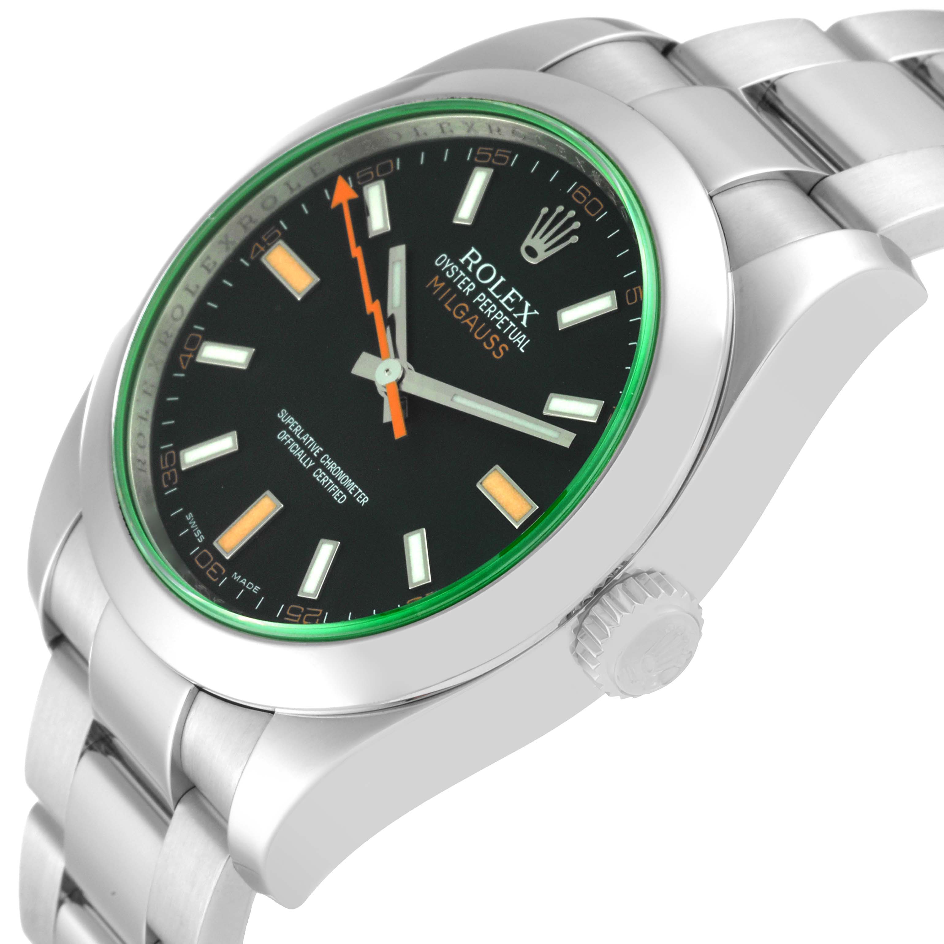 The Rolex Milgauss 116400GV Men's Stainless Steel Black Dial 116400GV Men's Stainless Steel Black Dial watch is shown at an angle, highlighting its face, bezel, crown, and part of its bracelet.