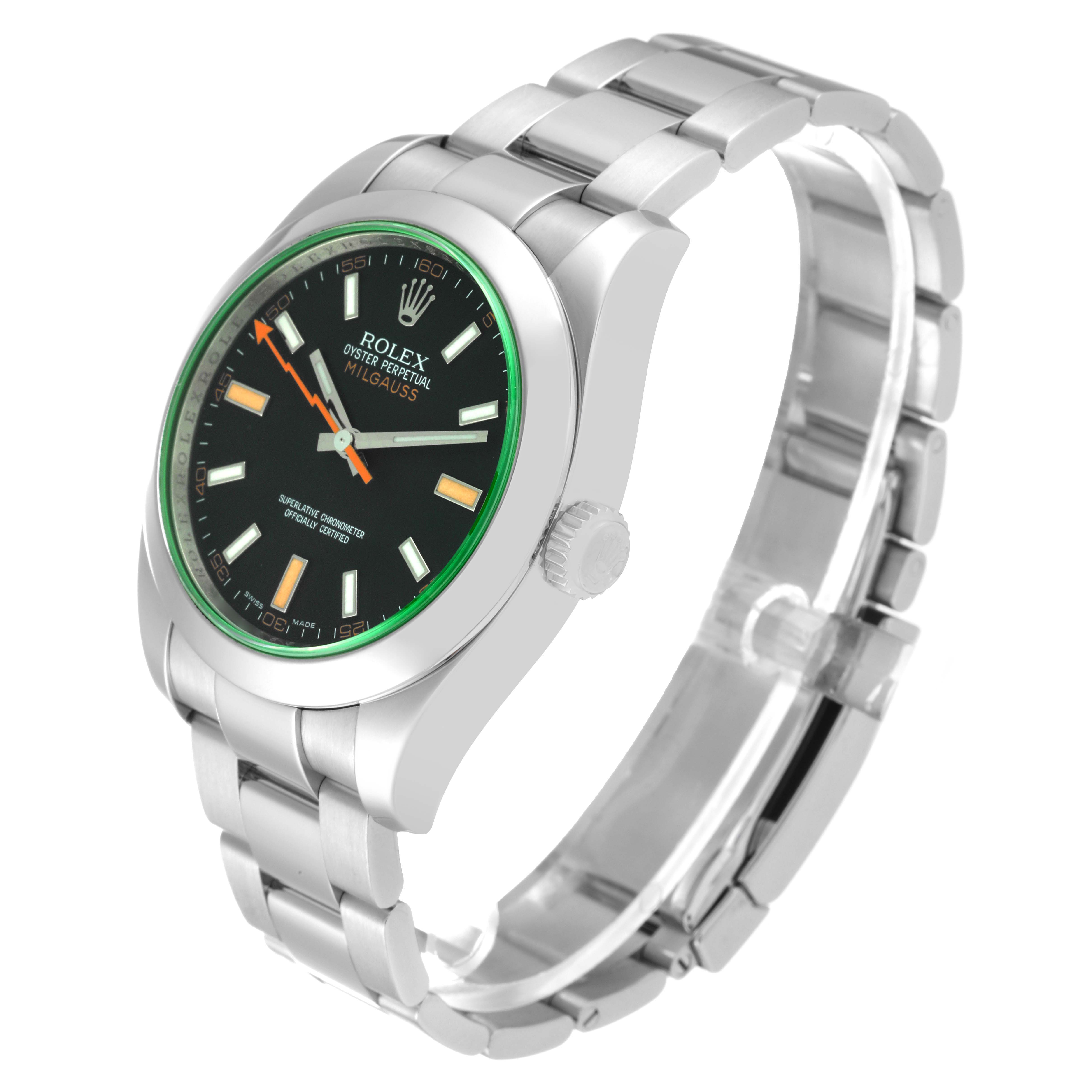 The image shows a Rolex Milgauss 116400GV Men's Stainless Steel Black Dial 116400GV Men's Stainless Steel Black Dial watch angled from the front-left, showcasing its face, bezel, crown, and bracelet.