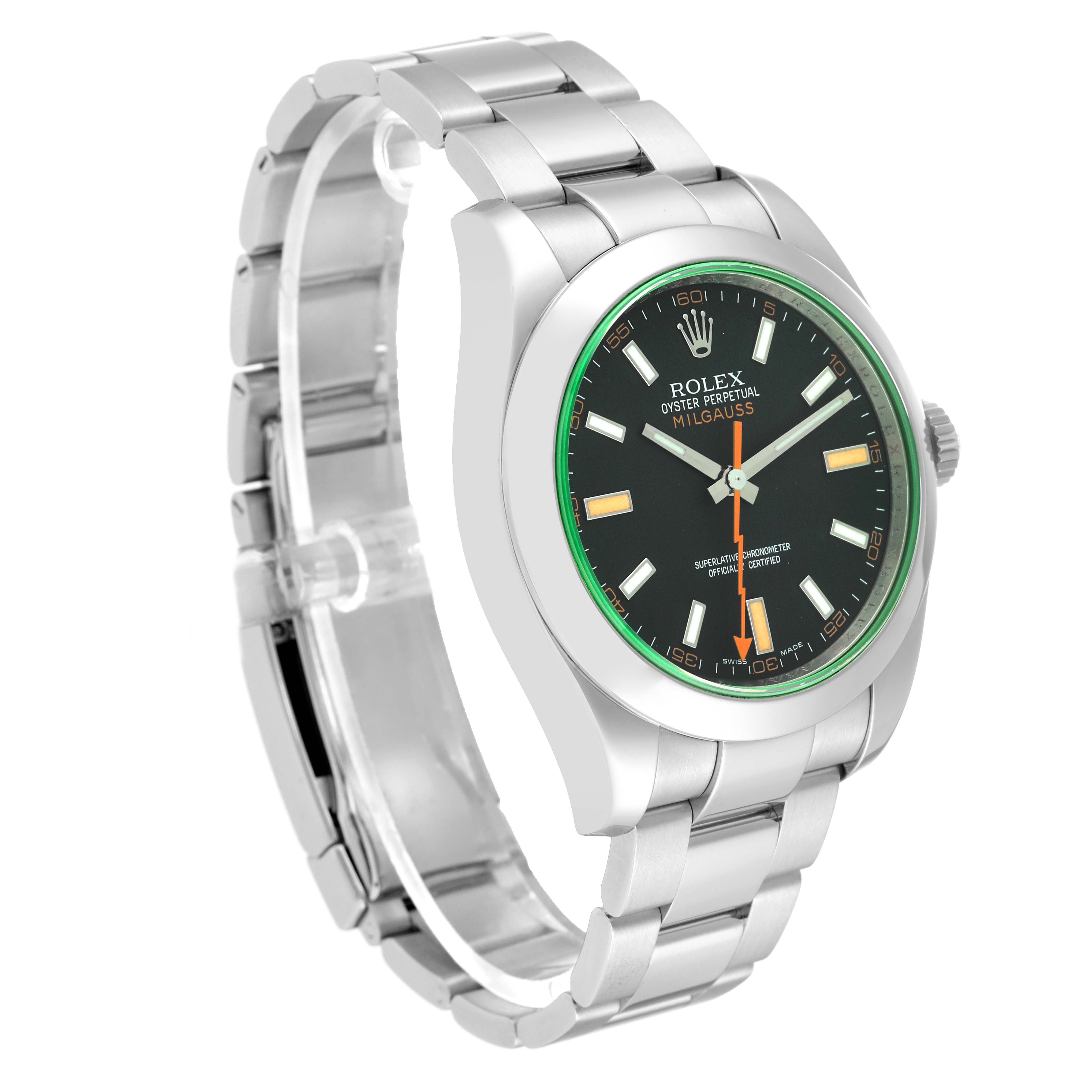The image shows a Rolex Milgauss 116400GV Men's Stainless Steel Black Dial 116400GV Men's Stainless Steel Black Dial watch from a three-quarter angle, highlighting the face, bezel, crown, and bracelet.