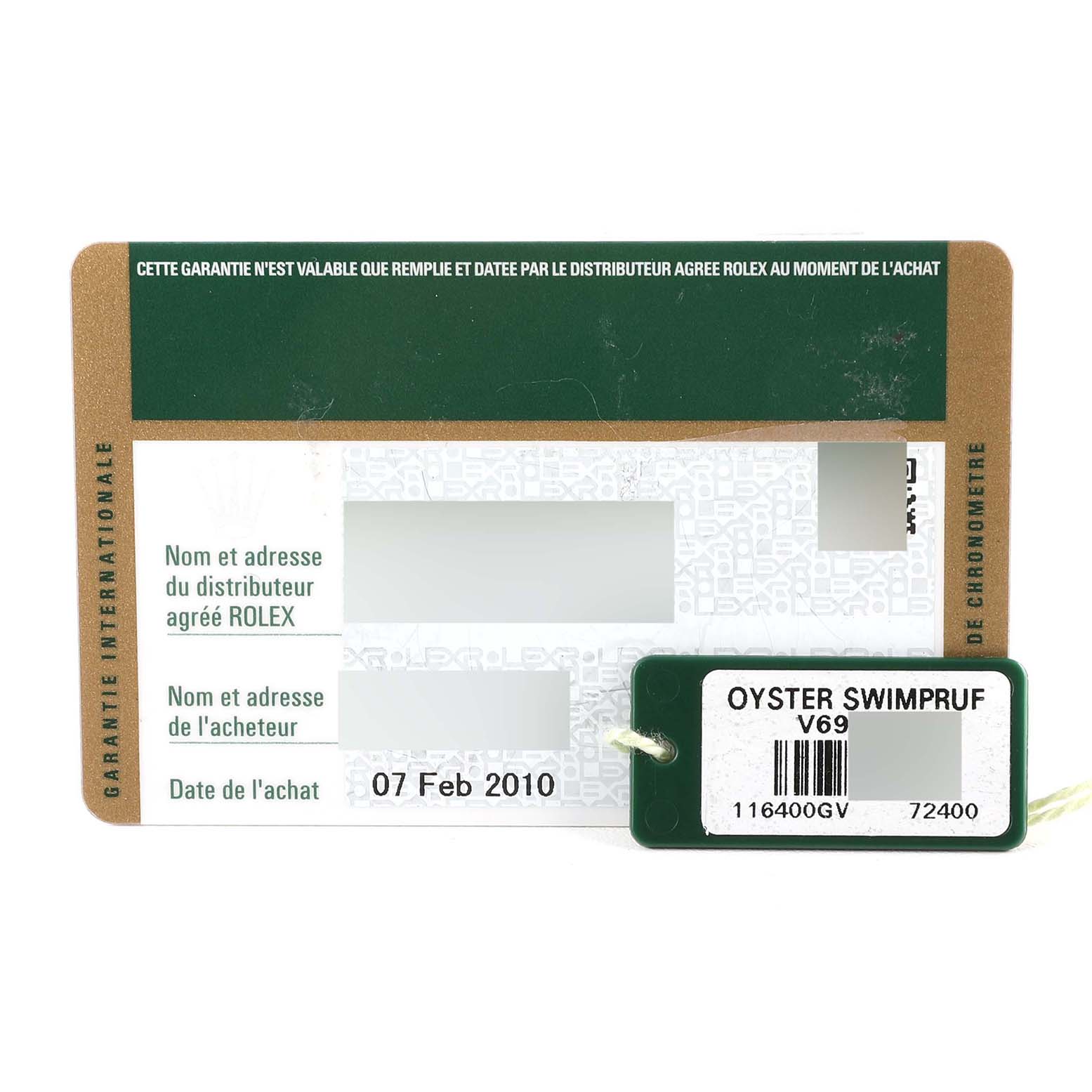 The image shows the warranty card and tag for a Rolex Milgauss 116400GV Men's Stainless Steel Black Dial 116400GV Men's Stainless Steel Black Dial watch, with purchase details and model information.