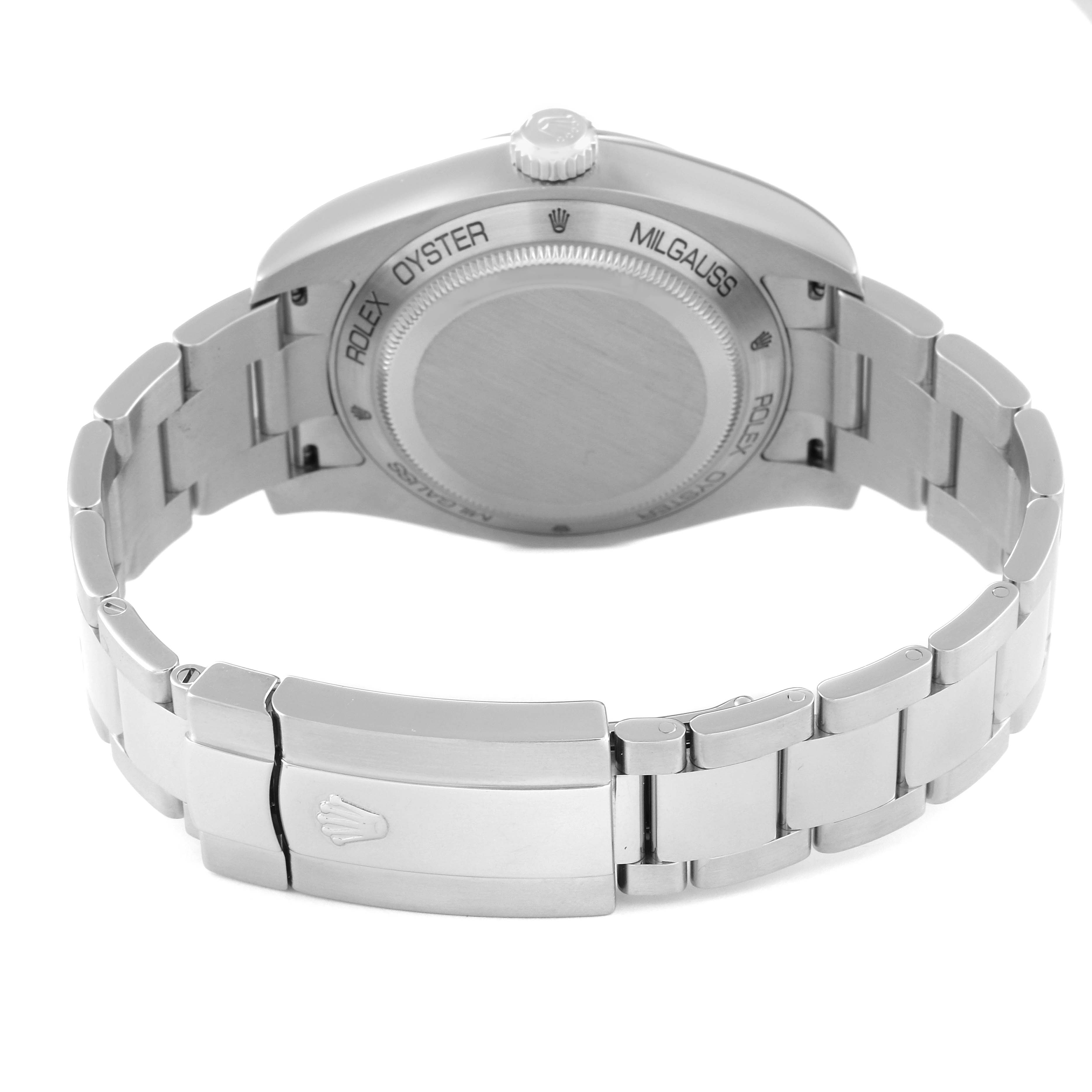 The image shows a Rolex Milgauss 116400GV Men's Stainless Steel Black Dial 116400GV Men's Stainless Steel Black Dial watch from the back, highlighting the case back, bracelet, and clasp.