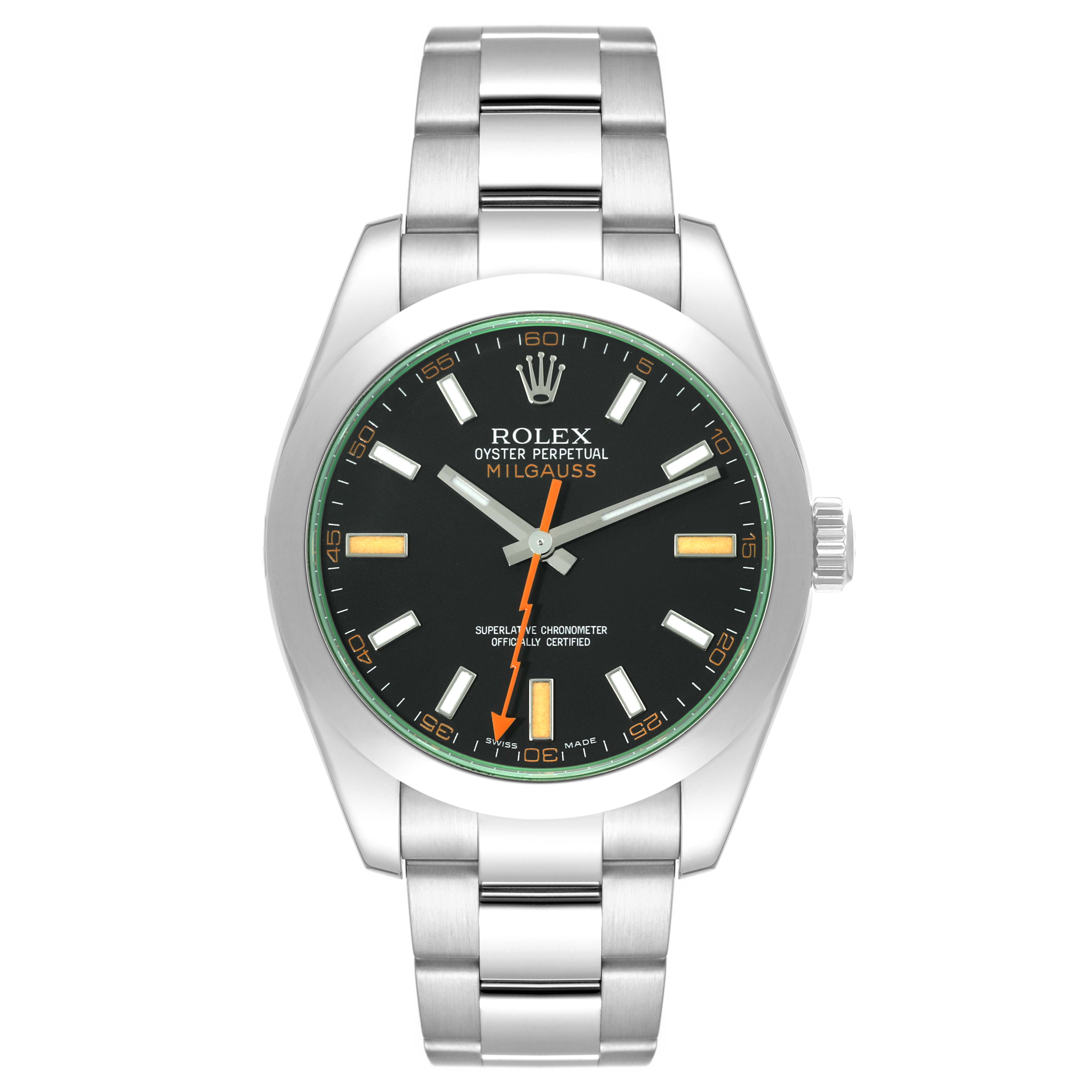 This image shows a front view of the Rolex Milgauss 116400GV Men's Stainless Steel Black Dial 116400GV Men's Stainless Steel Black Dial watch, highlighting its dial, bracelet, and crown.