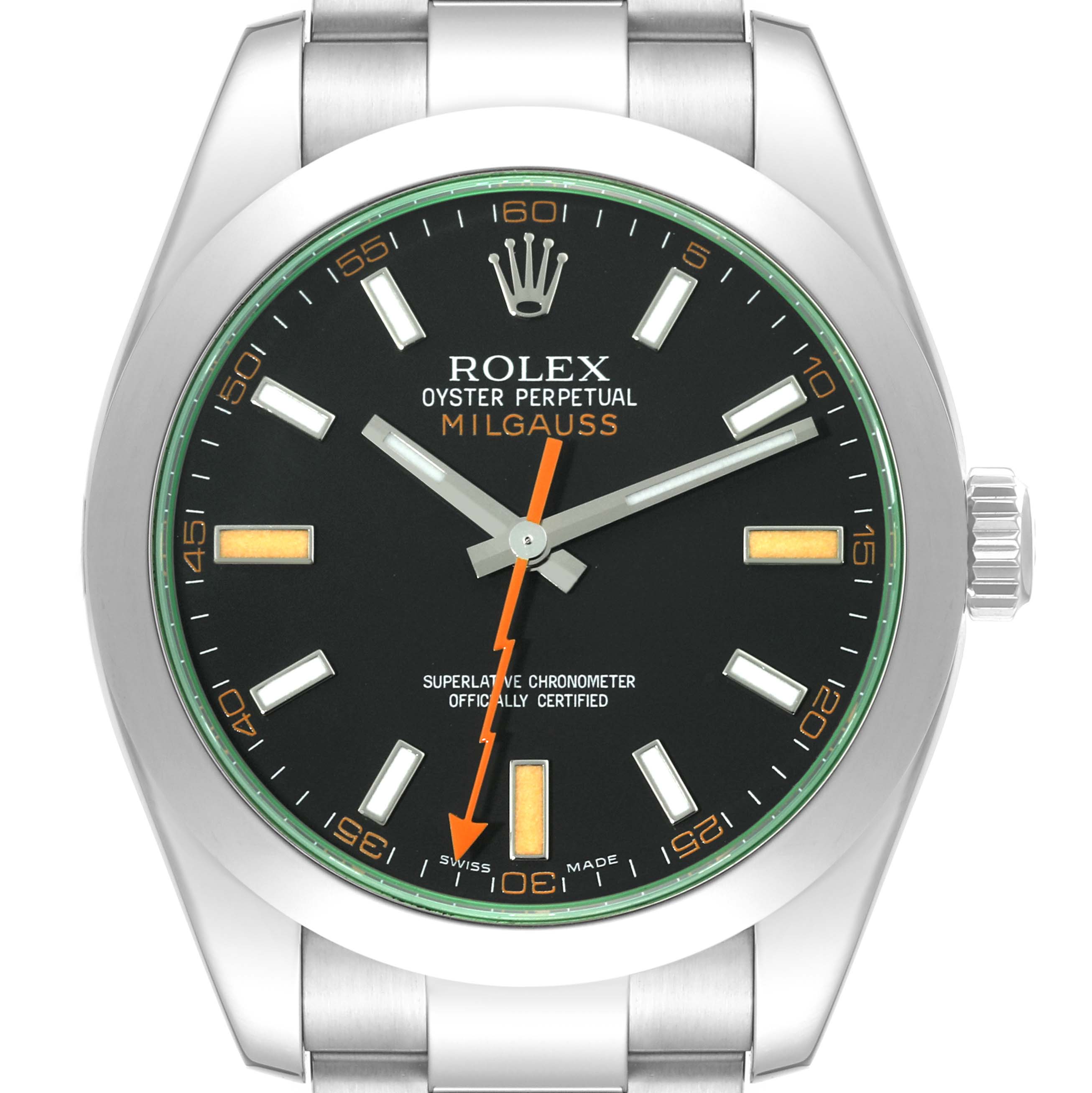 The image shows a front view of the Rolex Milgauss 116400GV Men's Stainless Steel Black Dial 116400GV Men's Stainless Steel Black Dial watch, focusing on the dial, bezel, and part of the bracelet.