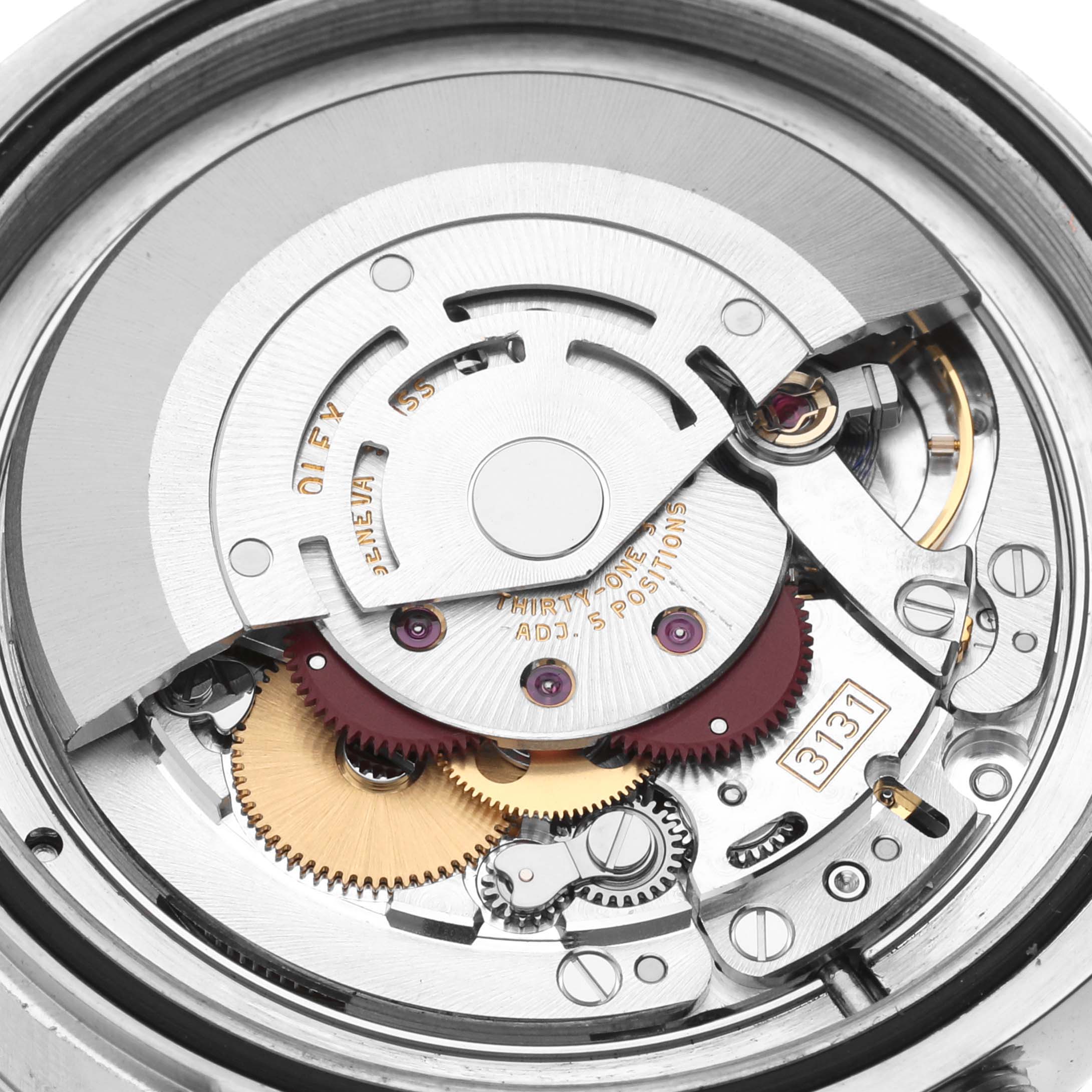 This image shows a close-up view of the internal mechanical movement of the Rolex Milgauss 116400GV Men's Stainless Steel Black Dial 116400GV Men's Stainless Steel Black Dial watch.