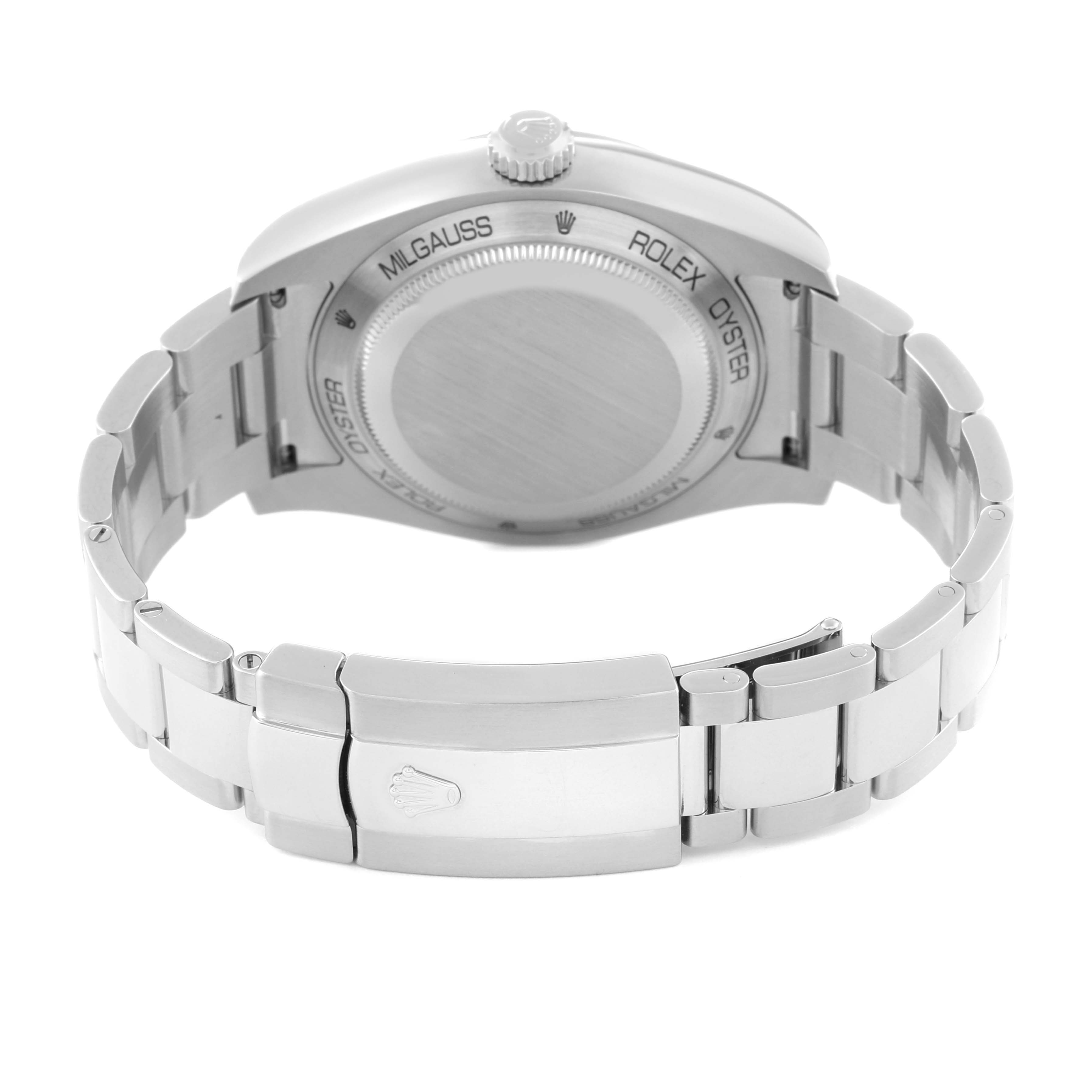 This image shows the back view of a Rolex Milgauss 116400 Men's Stainless Steel White Dial 116400 Men's Stainless Steel White Dial watch, highlighting its case back and metal bracelet with clasp.