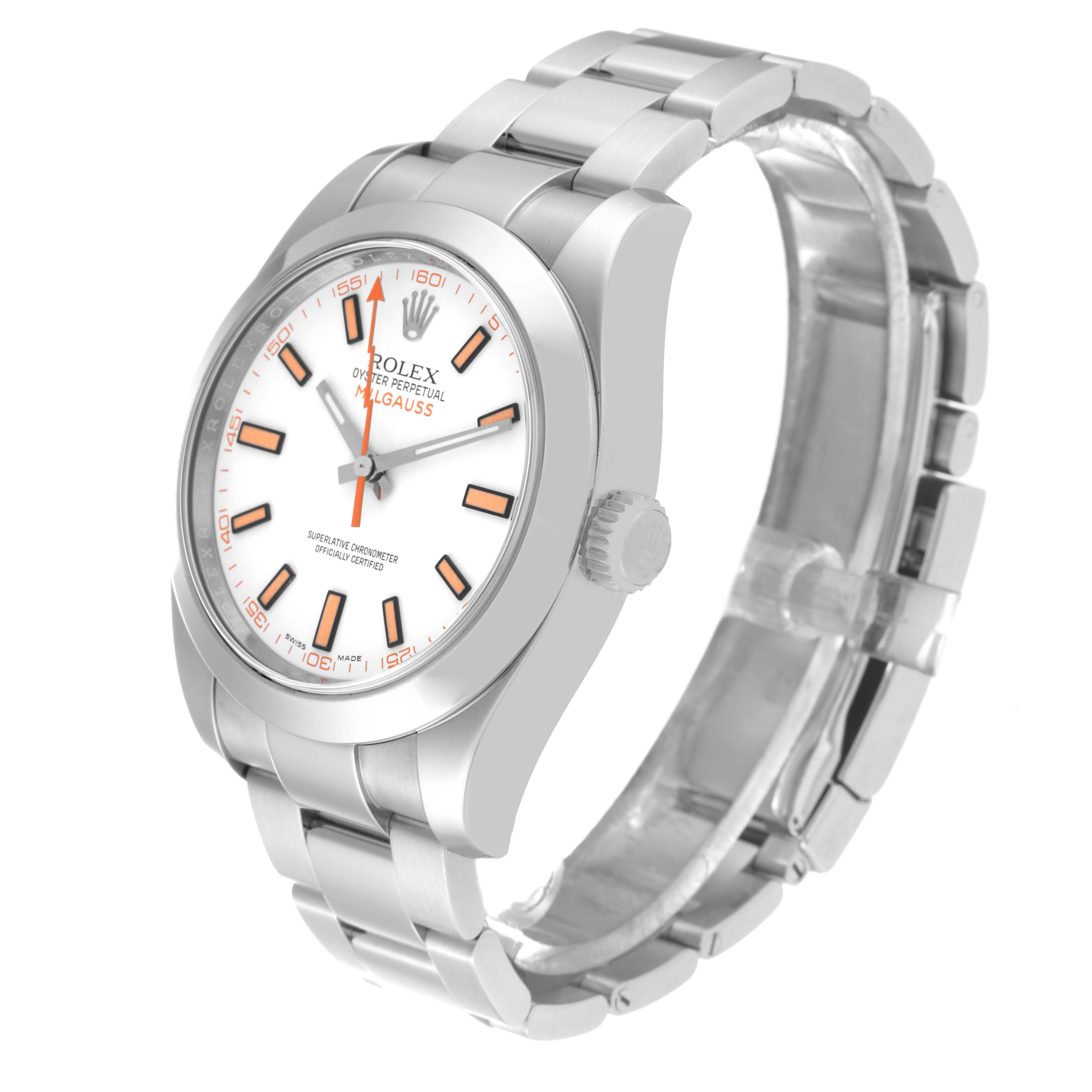 The image shows a side view of the Rolex Milgauss 116400 Men's Stainless Steel White Dial 116400 Men's Stainless Steel White Dial watch, highlighting the white dial, orange markers, and metal bracelet.
