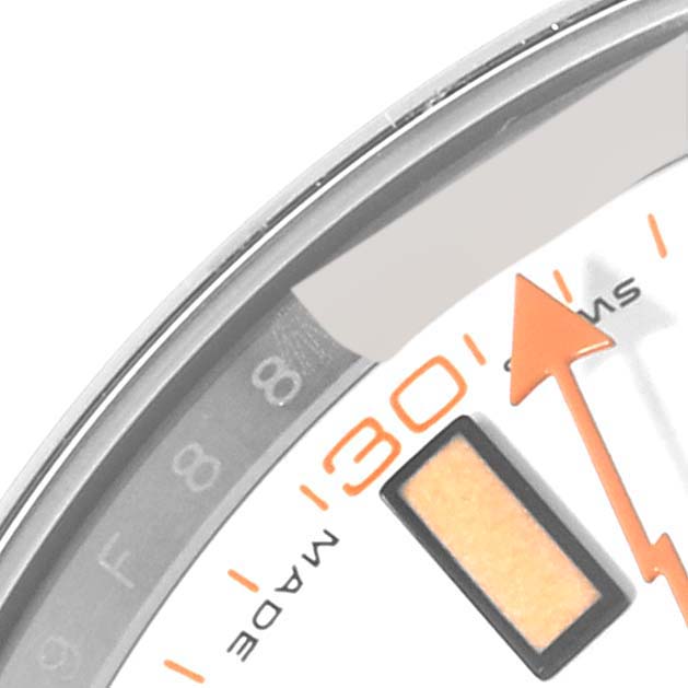 This image shows a close-up of the dial and minute hand of a Rolex Milgauss 116400 Men's Stainless Steel White Dial 116400 Men's Stainless Steel White Dial watch, focusing on the 30-minute marker.