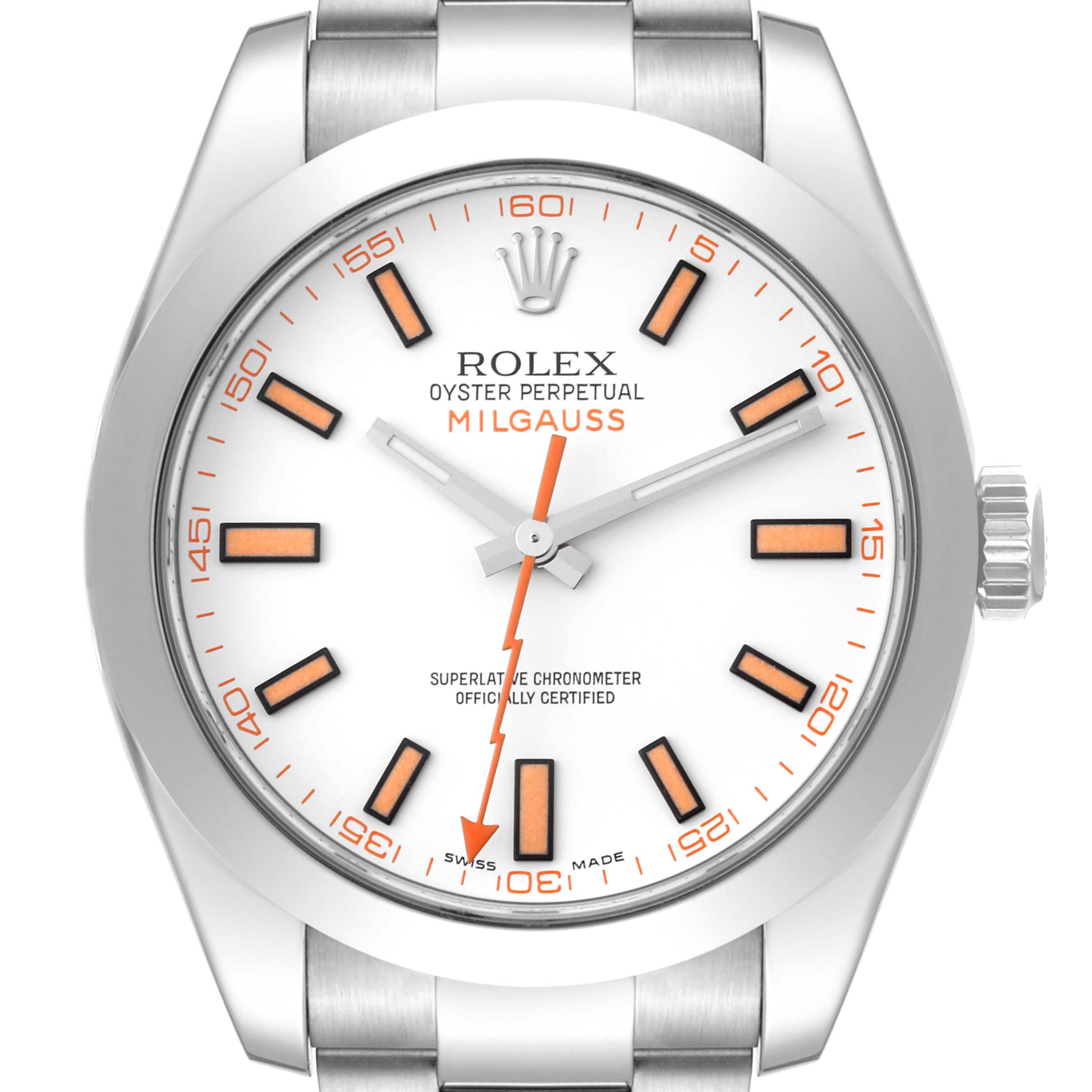 The image shows a front view of the Rolex Milgauss 116400 Men's Stainless Steel White Dial 116400 Men's Stainless Steel White Dial, highlighting its white dial, orange markers, and distinctive lightning bolt seconds hand.