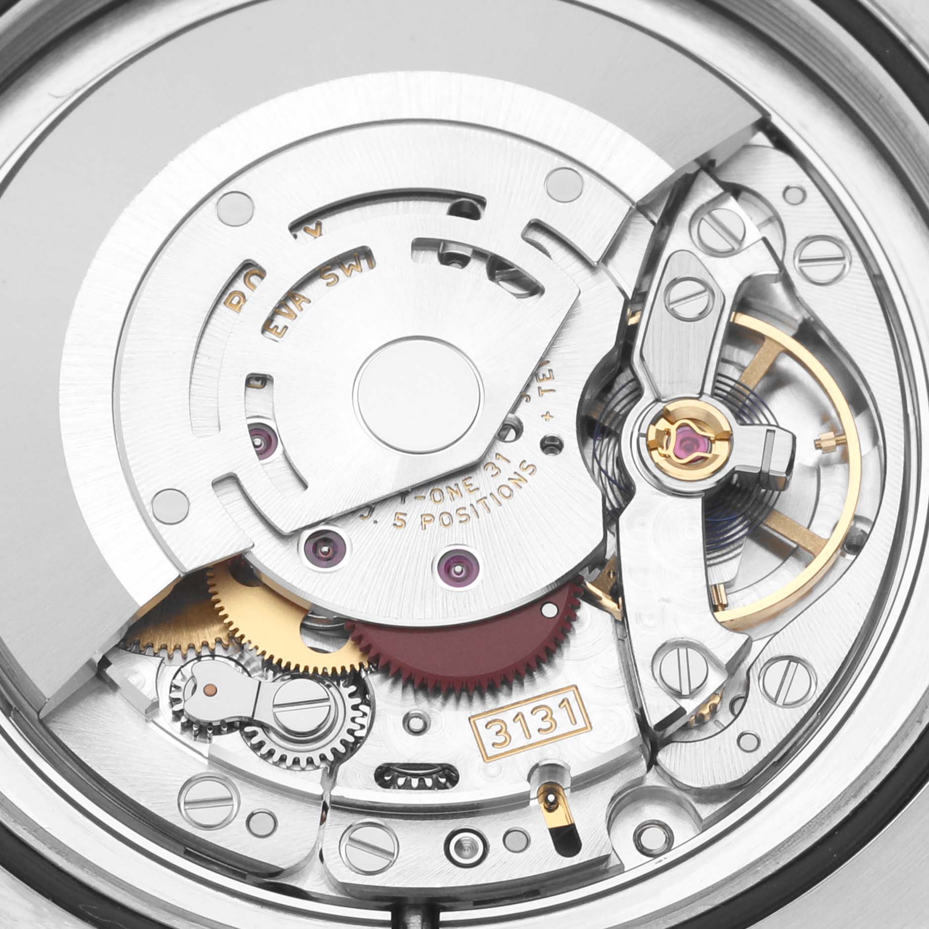 The image shows a close-up, detailed view of the movement mechanism inside a Rolex Milgauss 116400 Men's Stainless Steel White Dial 116400 Men's Stainless Steel White Dial watch.