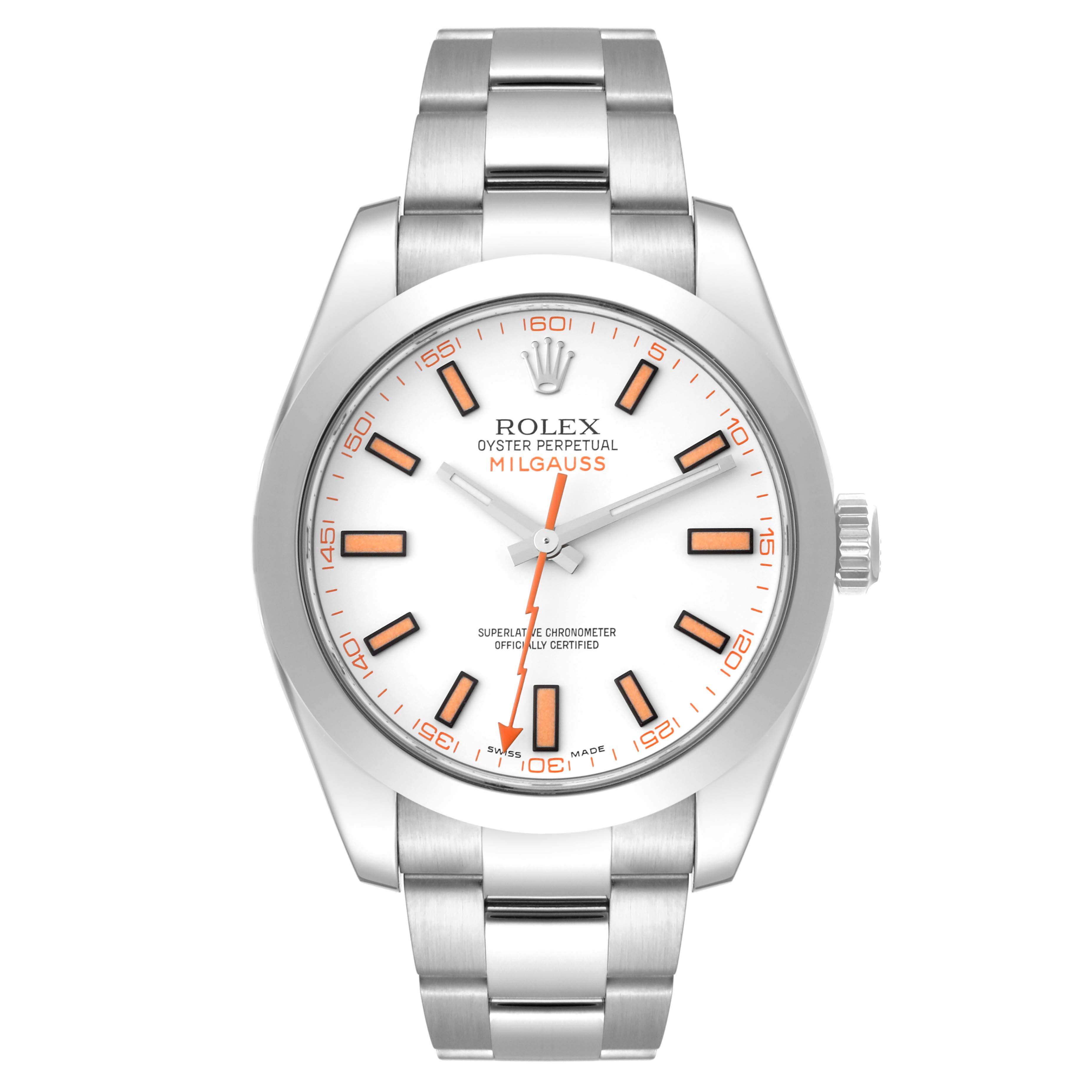The image shows a front view of a Rolex Milgauss 116400 Men's Stainless Steel White Dial 116400 Men's Stainless Steel White Dial watch, displaying its white dial, stainless steel case, and bracelet.