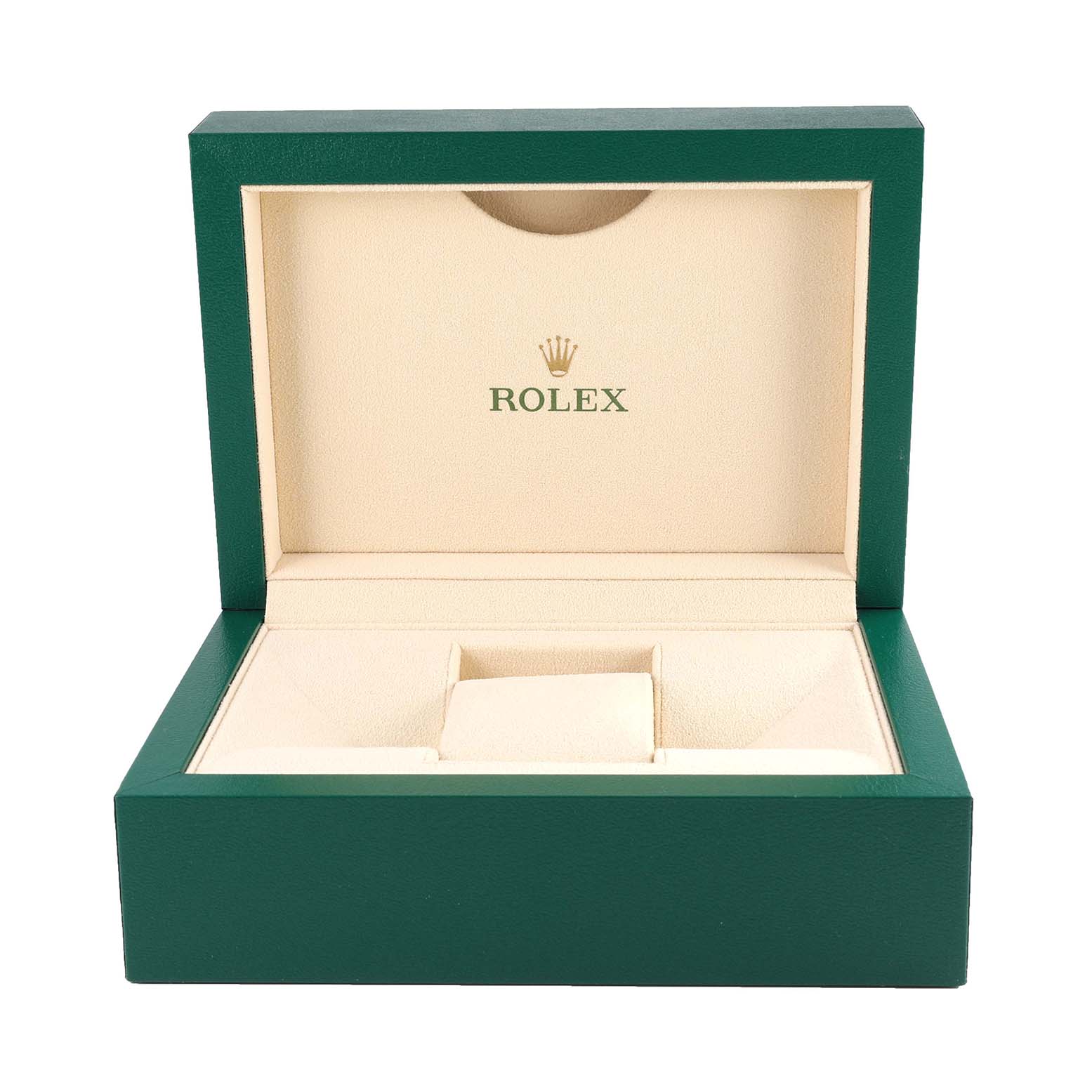 This image shows an empty, open Rolex Milgauss 116400 Men's Stainless Steel White Dial 116400 Men's Stainless Steel White Dial watch box from a front angle, with the Rolex logo visible.