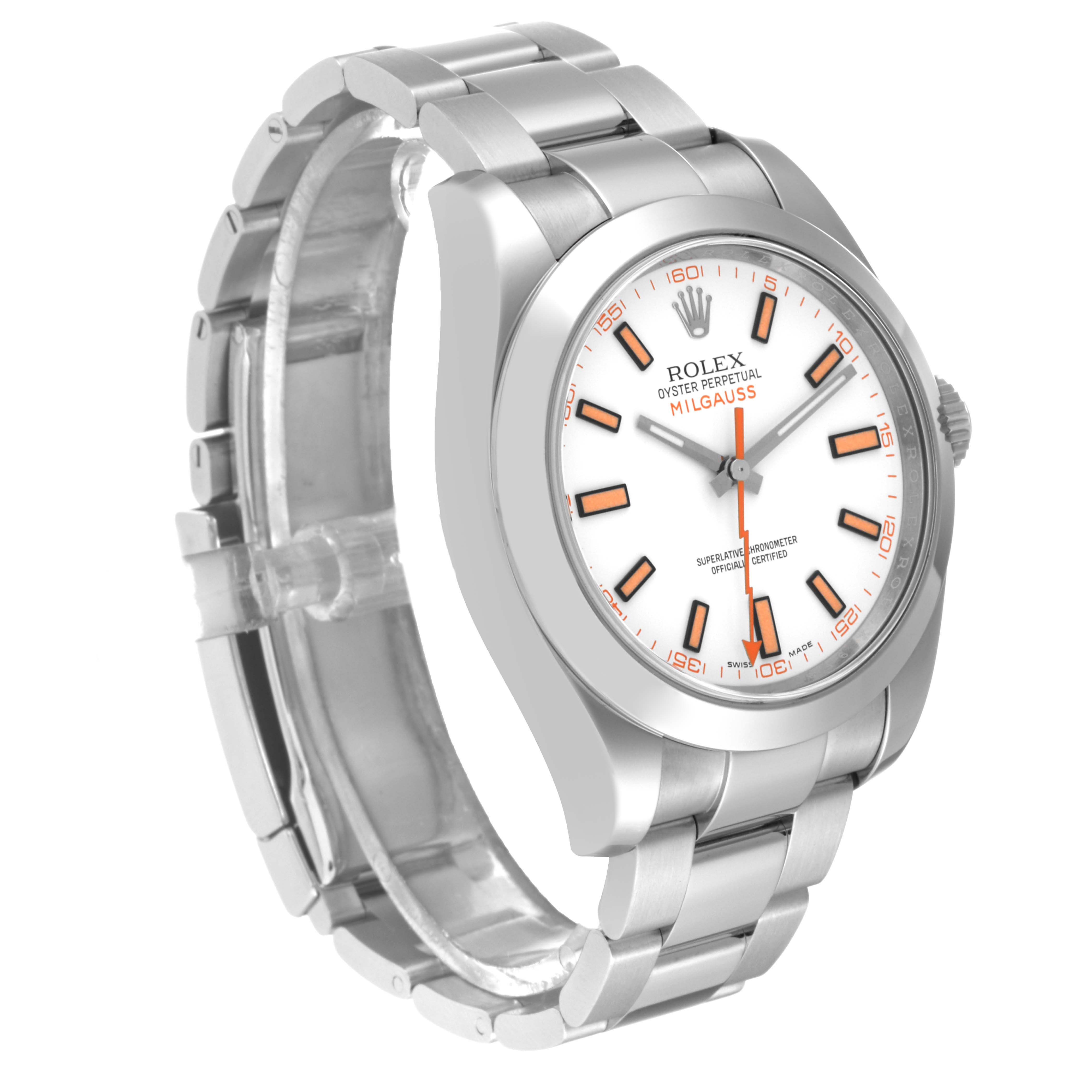 The image shows a front-left angle of the Rolex Milgauss 116400 Men's Stainless Steel White Dial 116400 Men's Stainless Steel White Dial watch displaying its dial, bezel, and part of the bracelet.