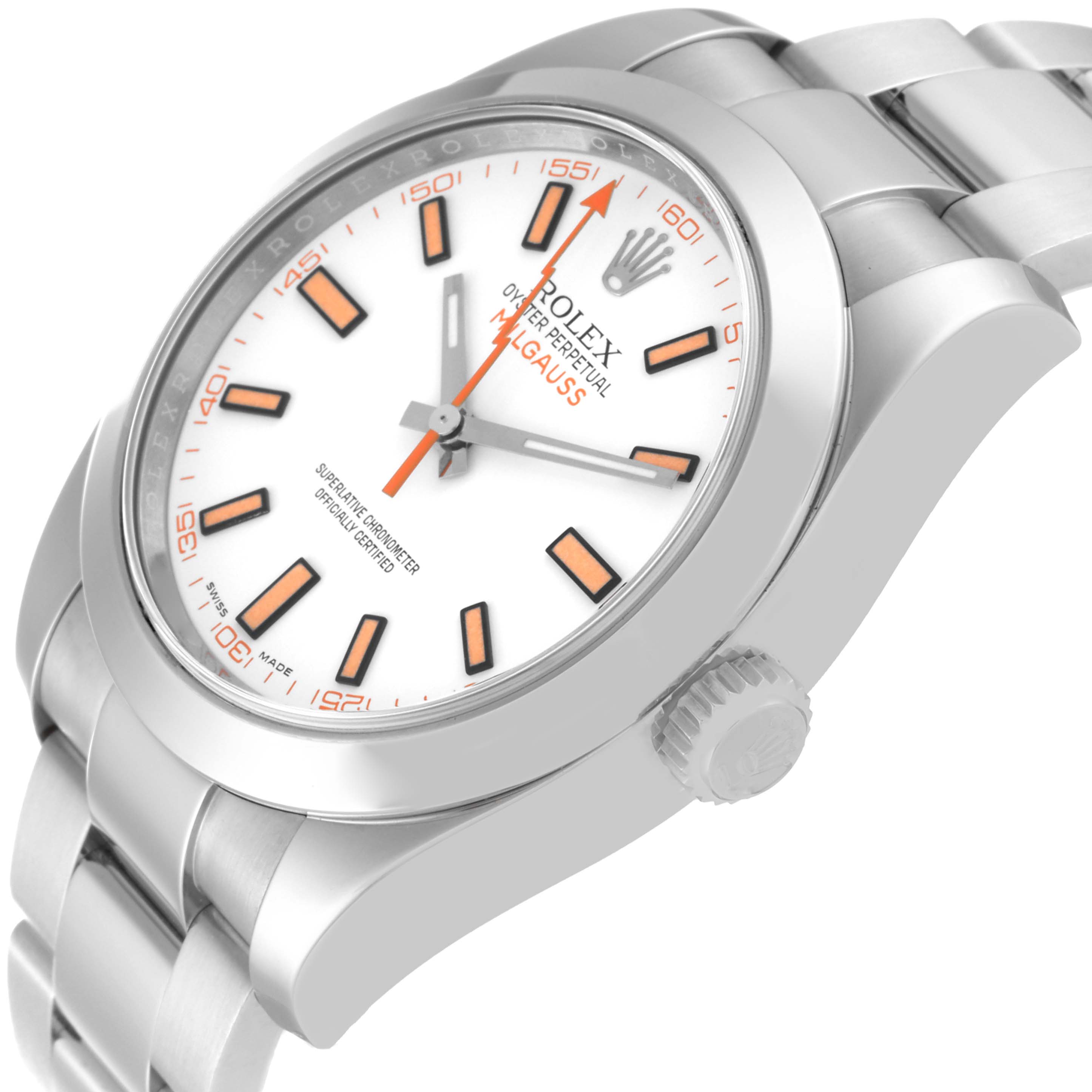 The image shows a side-angle view of a Rolex Milgauss 116400 Men's Stainless Steel White Dial 116400 Men's Stainless Steel White Dial watch, highlighting the dial, crown, and part of the bracelet.