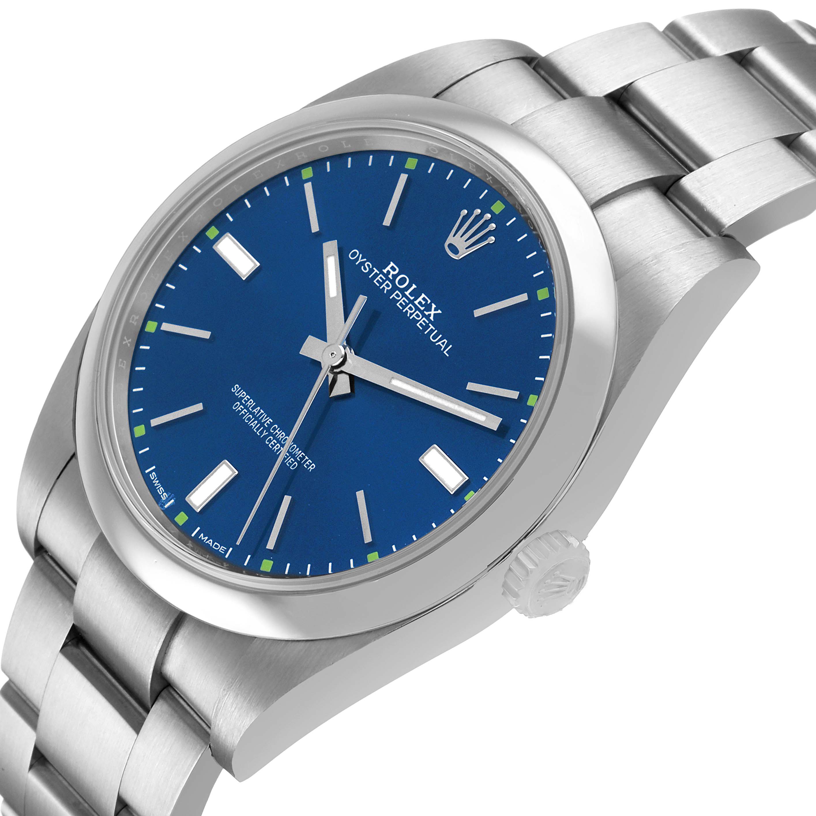 The Rolex Oyster Perpetual 114300 Men's Stainless Steel Blue Dial watch is shown at an angled side view, displaying the dial, bezel, case, crown, and part of the bracelet.