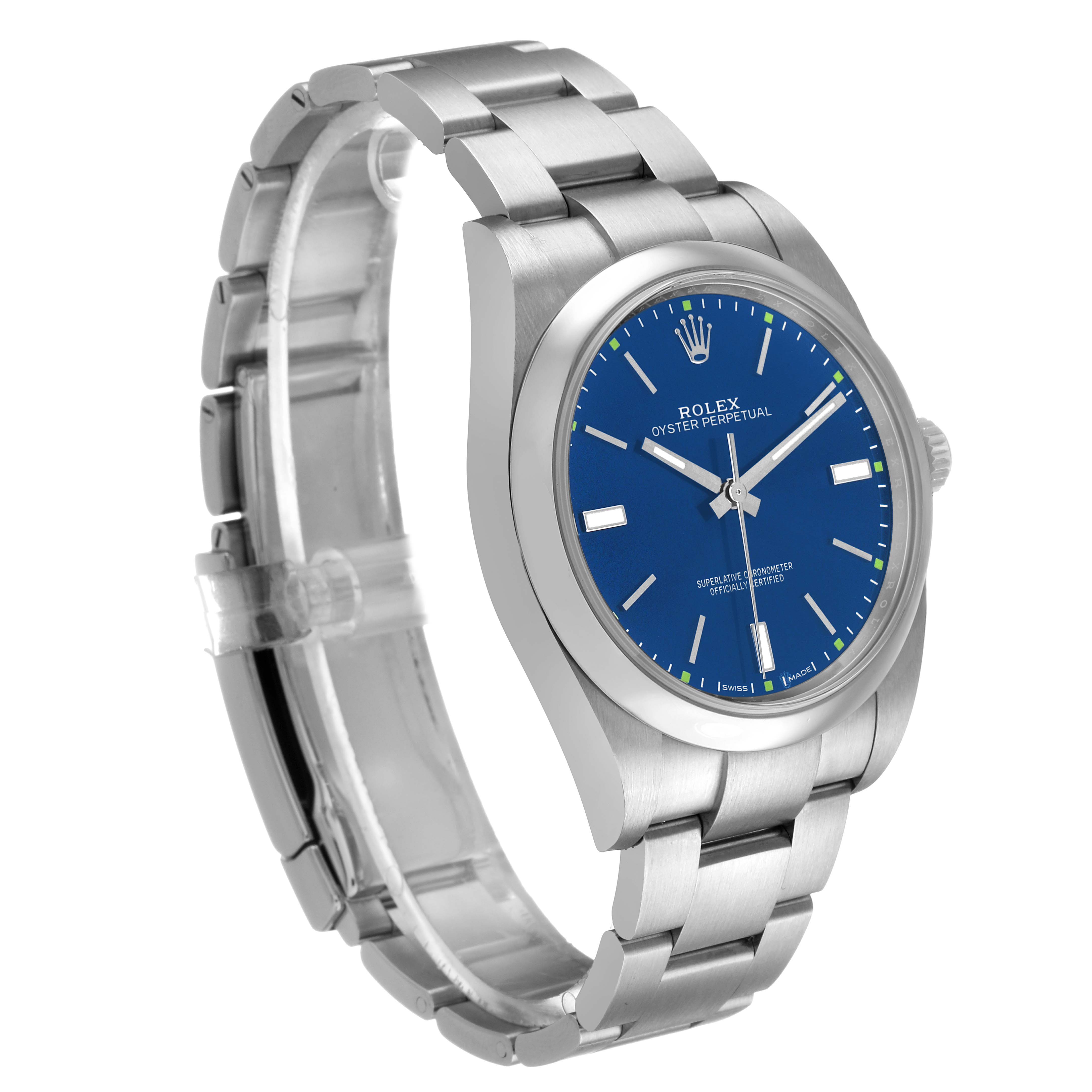 The Rolex Oyster Perpetual 114300 Men's Stainless Steel Blue Dial watch is shown at a three-quarter angle, highlighting the dial, bezel, and bracelet.