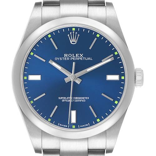 The Rolex Oyster Perpetual 114300 Men's Stainless Steel Blue Dial watch is shown from the front, highlighting its blue dial, hands, markers, and crown.