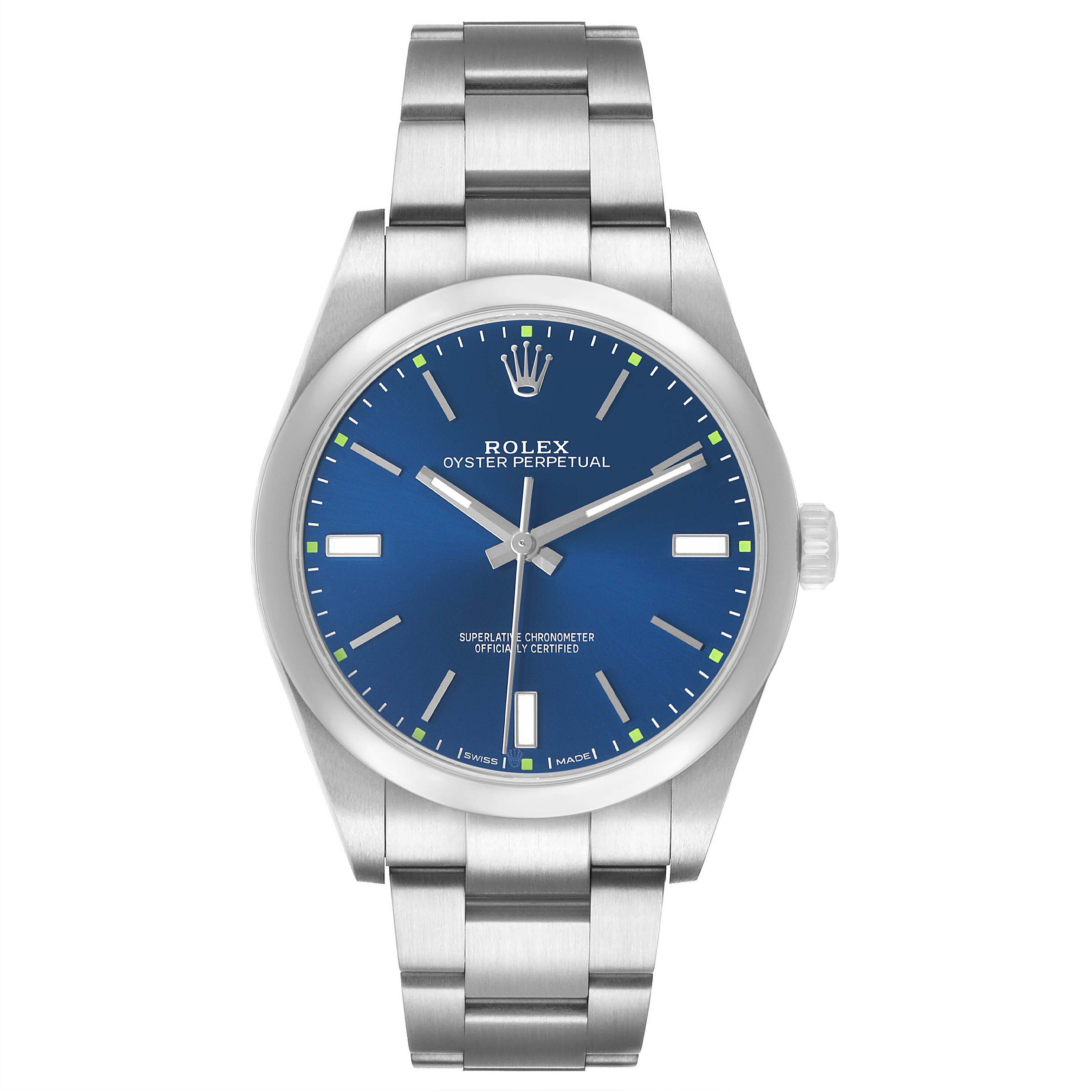 The Rolex Oyster Perpetual 114300 Men's Stainless Steel Blue Dial watch is shown from the front, highlighting the blue dial and bracelet.