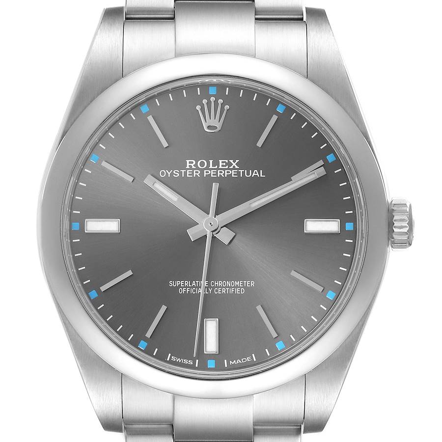 The image shows a frontal view of a Rolex Oyster Perpetual watch, highlighting the dial, hands, and part of the bracelet.