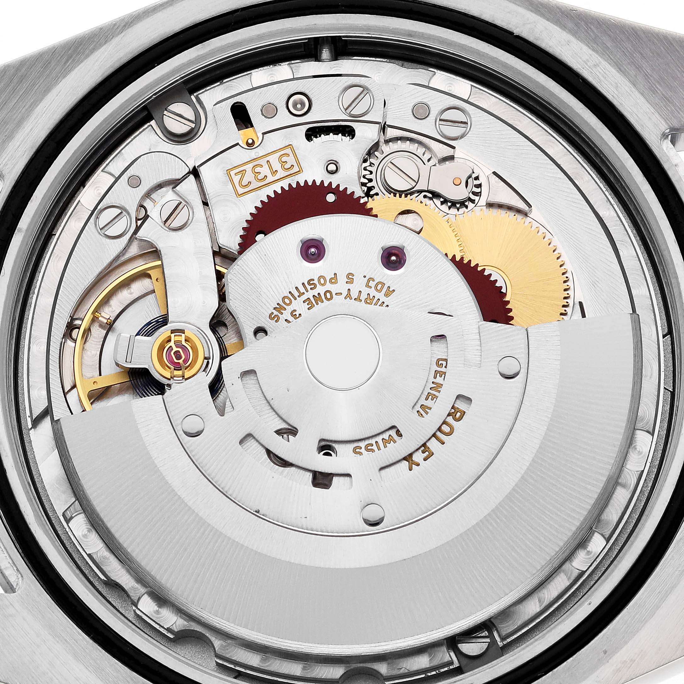 The image shows the internal movement components of a Rolex Oyster Perpetual 114300 Men's Stainless Steel Grey Dial 114300 Men's Stainless Steel Grey Dial watch from a top-down angle.