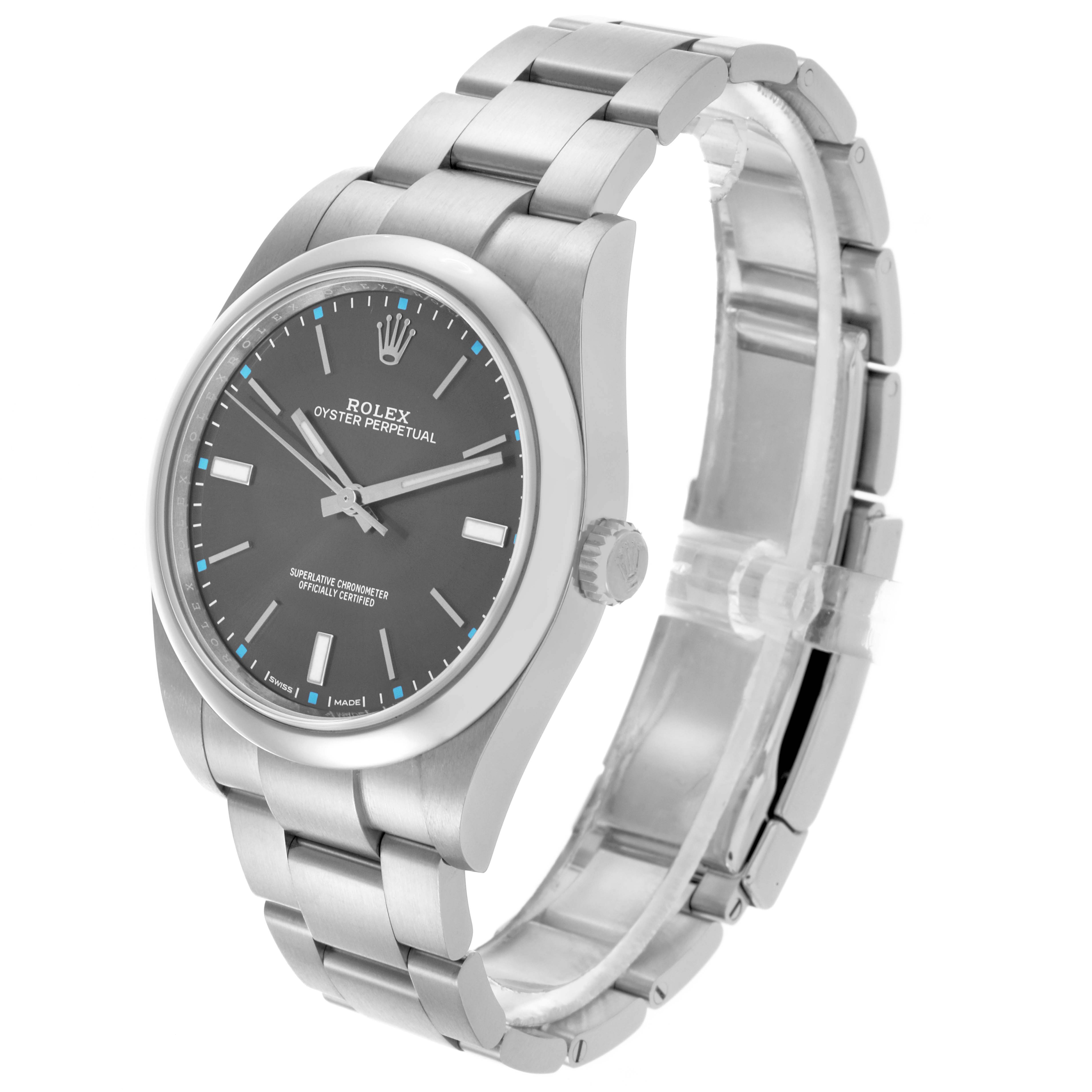 The image shows the Rolex Oyster Perpetual 114300 Men's Stainless Steel Grey Dial 114300 Men's Stainless Steel Grey Dial watch from a three-quarter front angle, highlighting the dial, case, and bracelet.