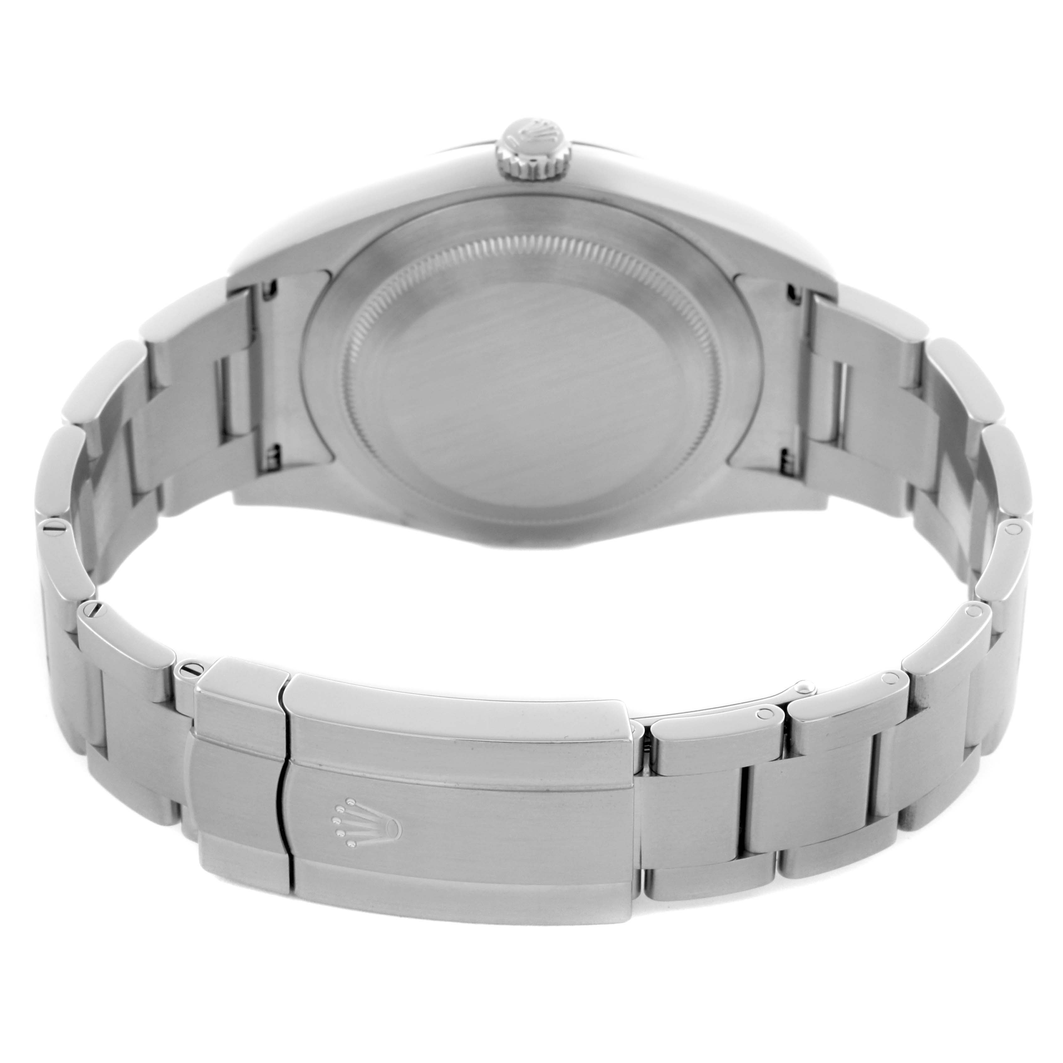 The Rolex Oyster Perpetual 114300 Men's Stainless Steel Grey Dial 114300 Men's Stainless Steel Grey Dial is shown from the back, highlighting the case back and metal bracelet.