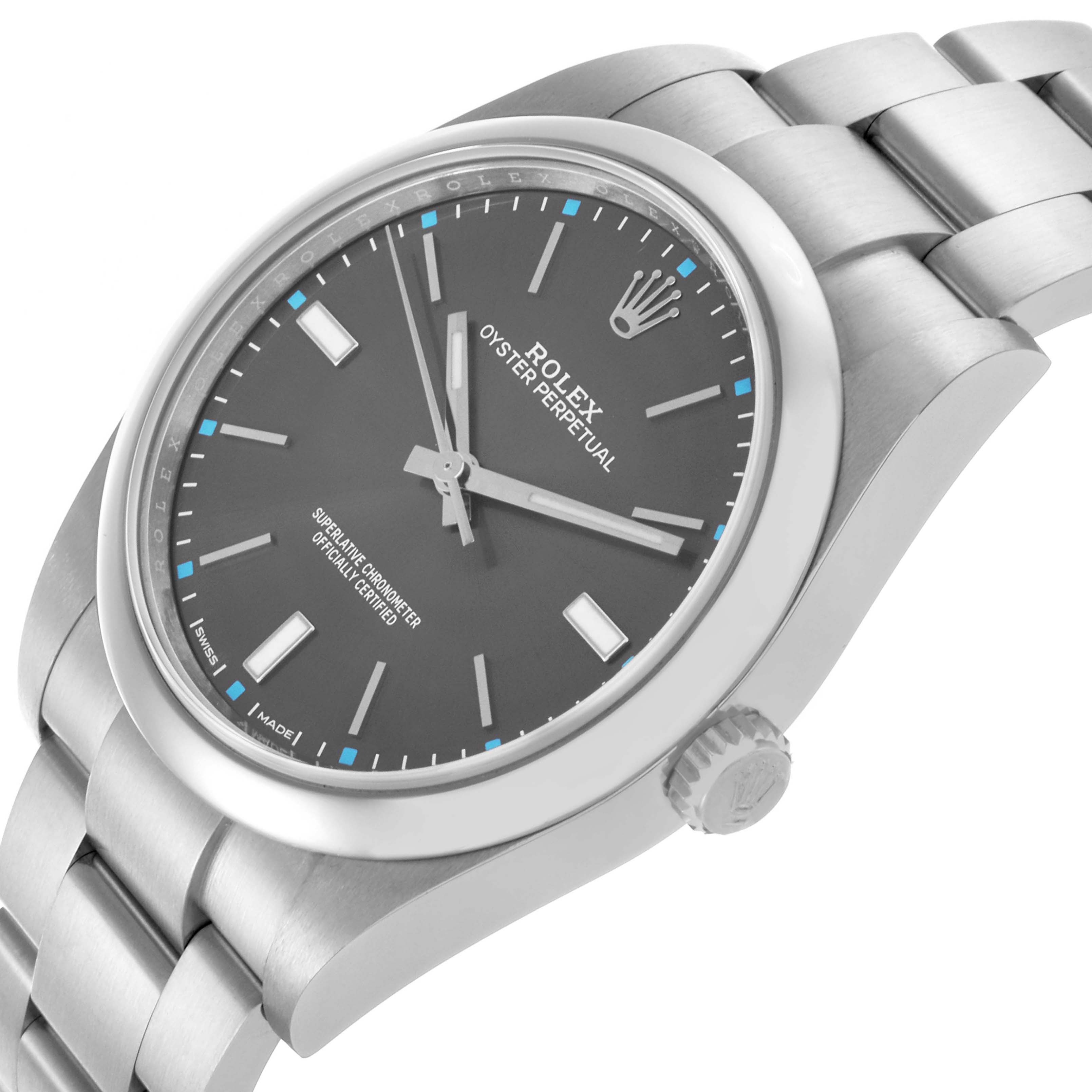 The Rolex Oyster Perpetual 114300 Men's Stainless Steel Grey Dial 114300 Men's Stainless Steel Grey Dial watch is shown at a slight angle, highlighting the dial, case, bezel, and part of the bracelet.