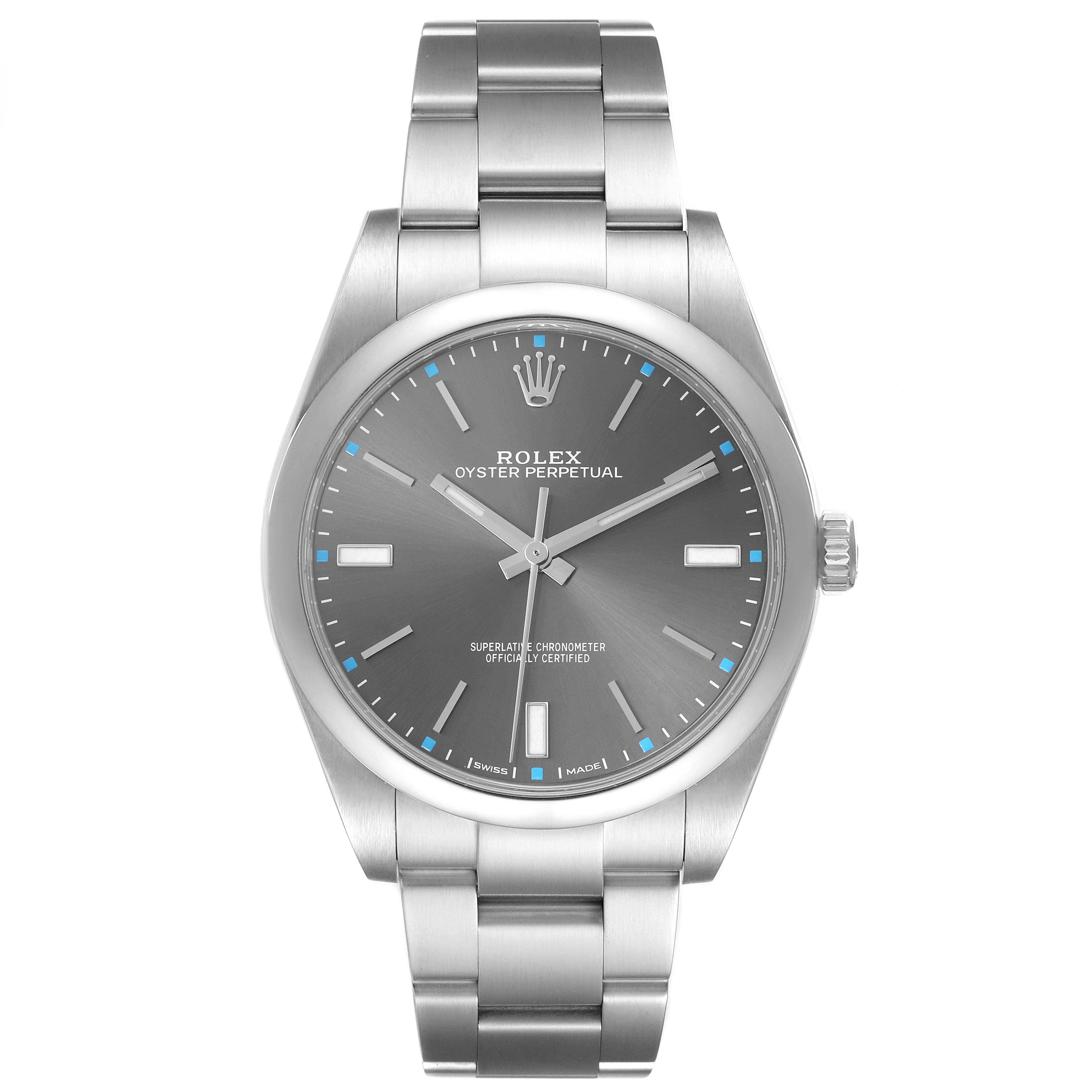 The Rolex Oyster Perpetual 114300 Men's Stainless Steel Grey Dial 114300 Men's Stainless Steel Grey Dial watch is shown from a front angle, highlighting its dial, case, and bracelet.