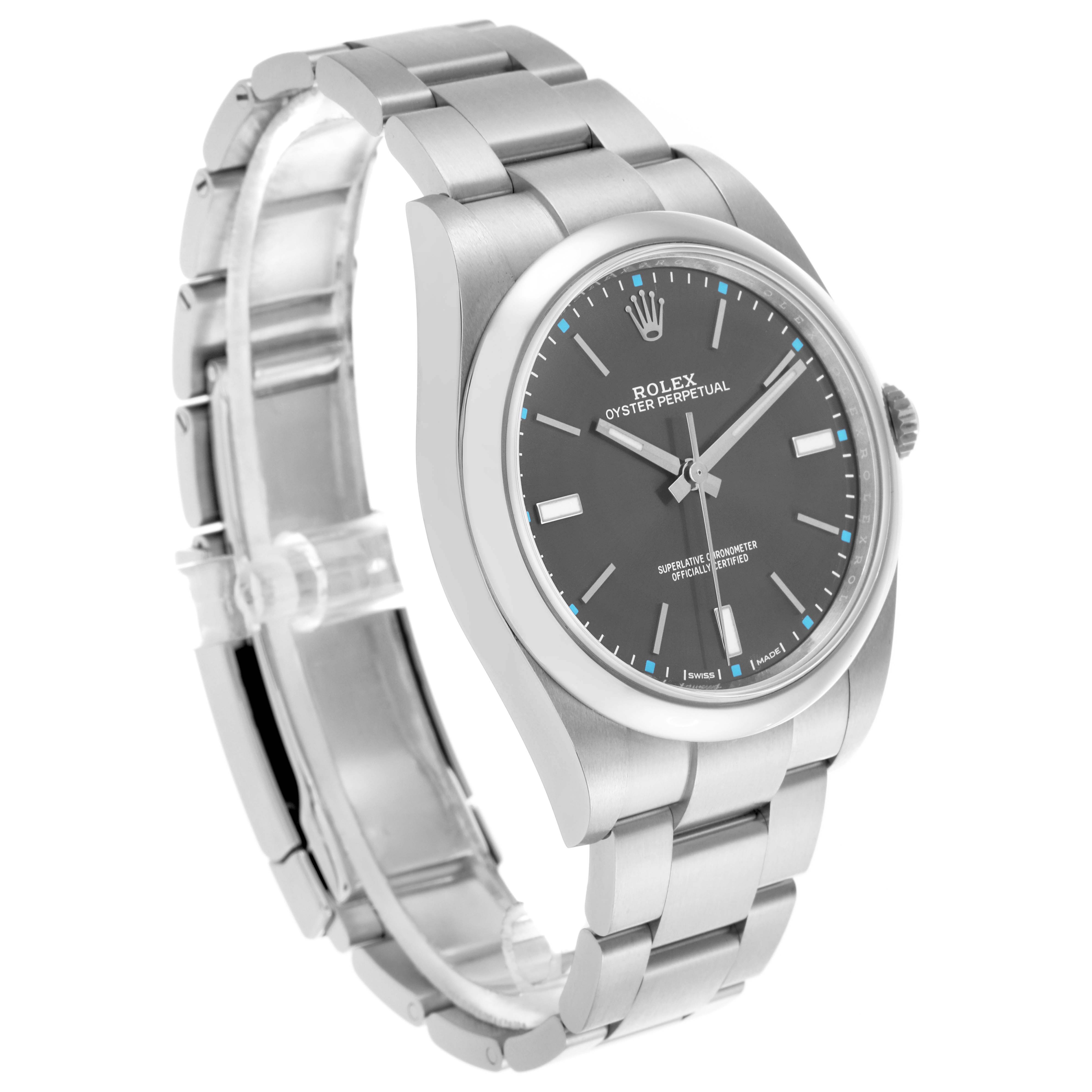 The Rolex Oyster Perpetual 114300 Men's Stainless Steel Grey Dial 114300 Men's Stainless Steel Grey Dial watch is shown at a three-quarter angle, highlighting the face, bracelet, and crown.