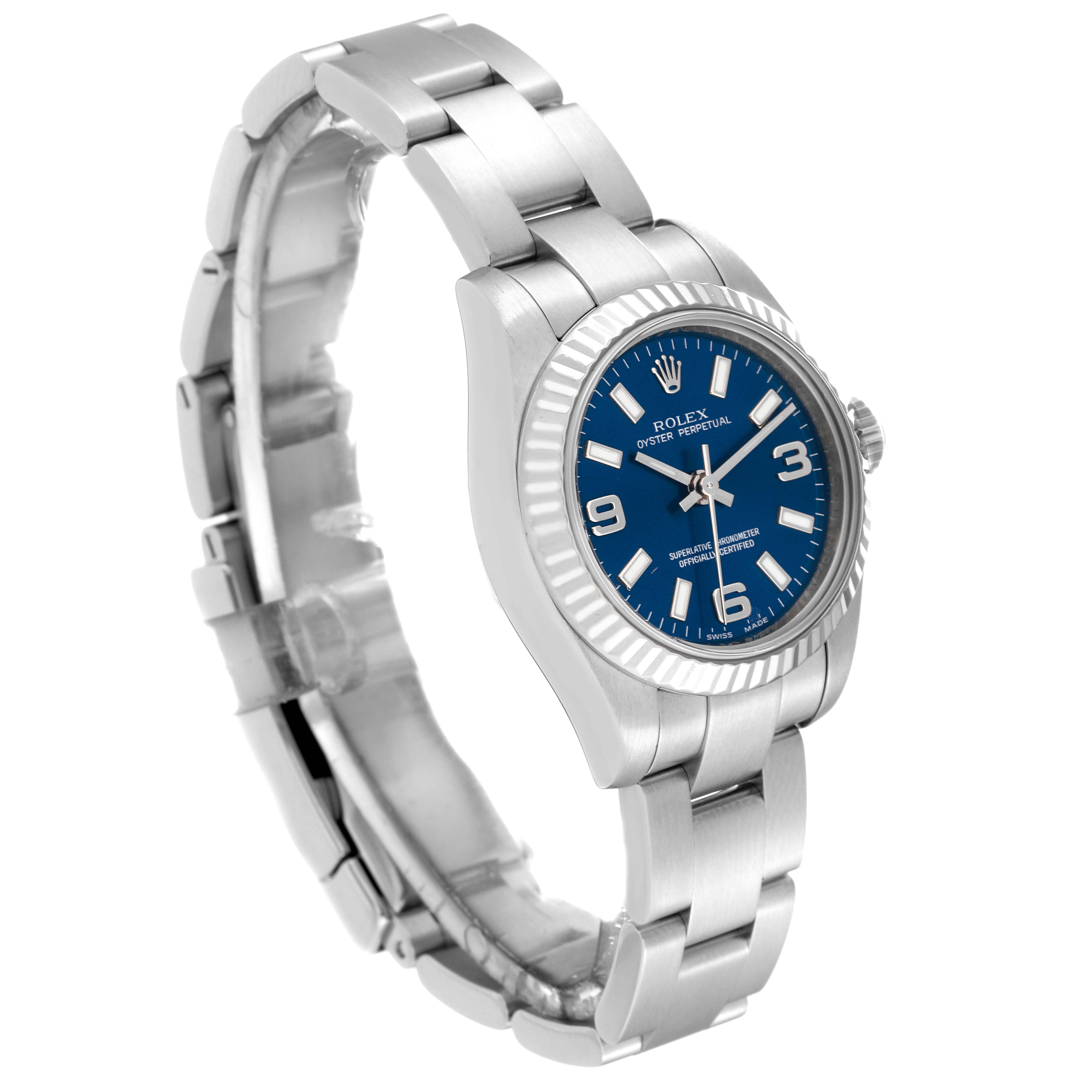 The Rolex Oyster Perpetual 176234 Women's Stainless Steel Blue Dial 176234 Women's Stainless Steel Blue Dial watch is shown at a slight angle, displaying its blue dial, fluted bezel, and metal bracelet.