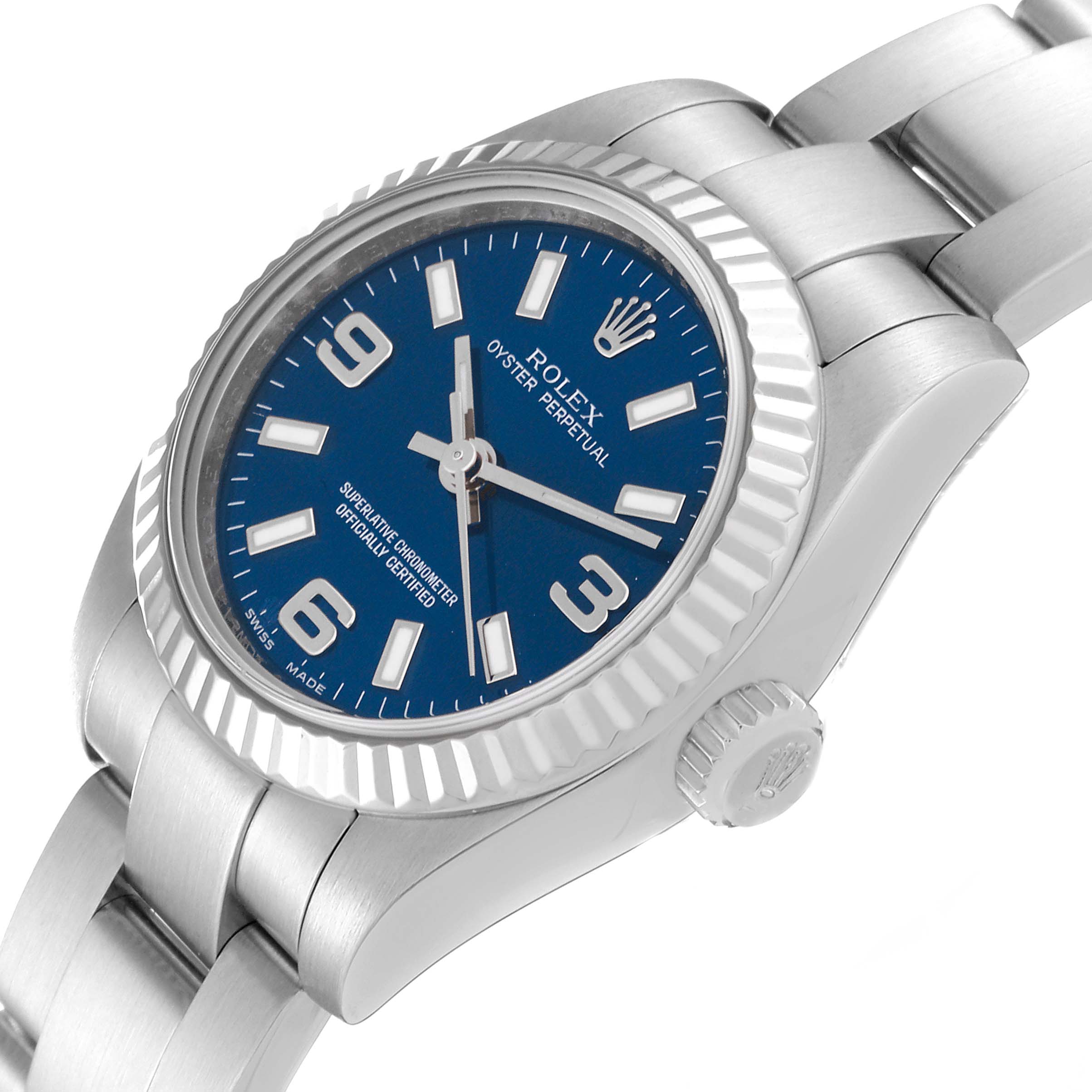 The image shows a close-up angle of the Rolex Oyster Perpetual 176234 Women's Stainless Steel Blue Dial 176234 Women's Stainless Steel Blue Dial watch, highlighting its blue dial, fluted bezel, and bracelet.