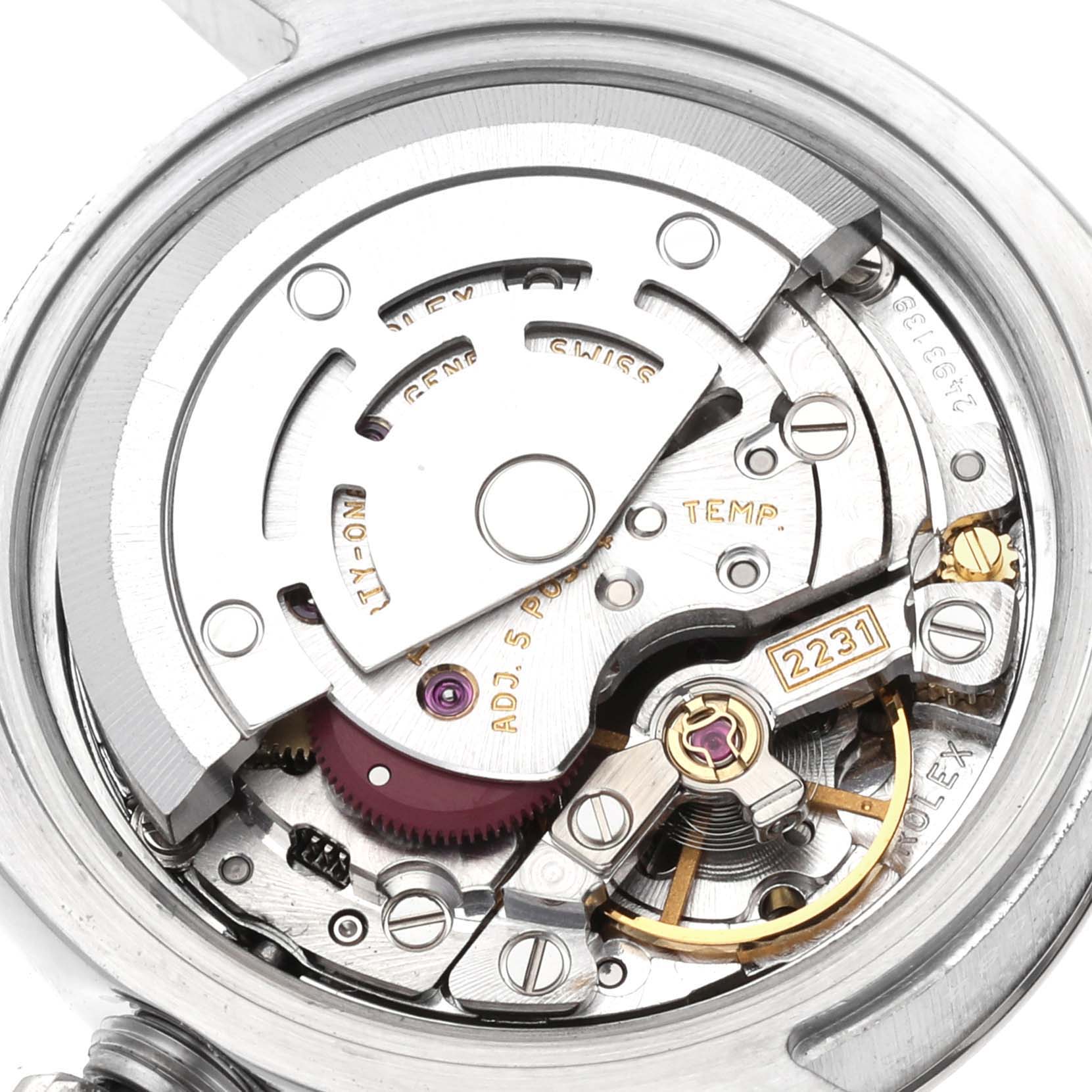 This image shows the inner mechanical components and movement of the Rolex Oyster Perpetual 176234 Women's Stainless Steel Blue Dial 176234 Women's Stainless Steel Blue Dial watch.