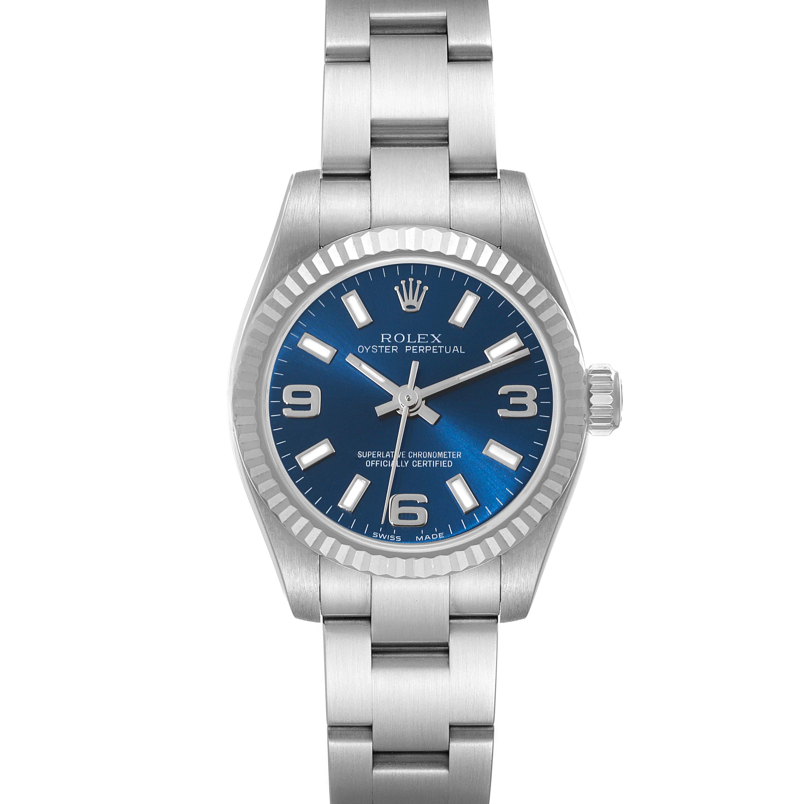 This image shows a Rolex Oyster Perpetual 176234 Women's Stainless Steel Blue Dial 176234 Women's Stainless Steel Blue Dial watch with a blue dial, viewed from the front.