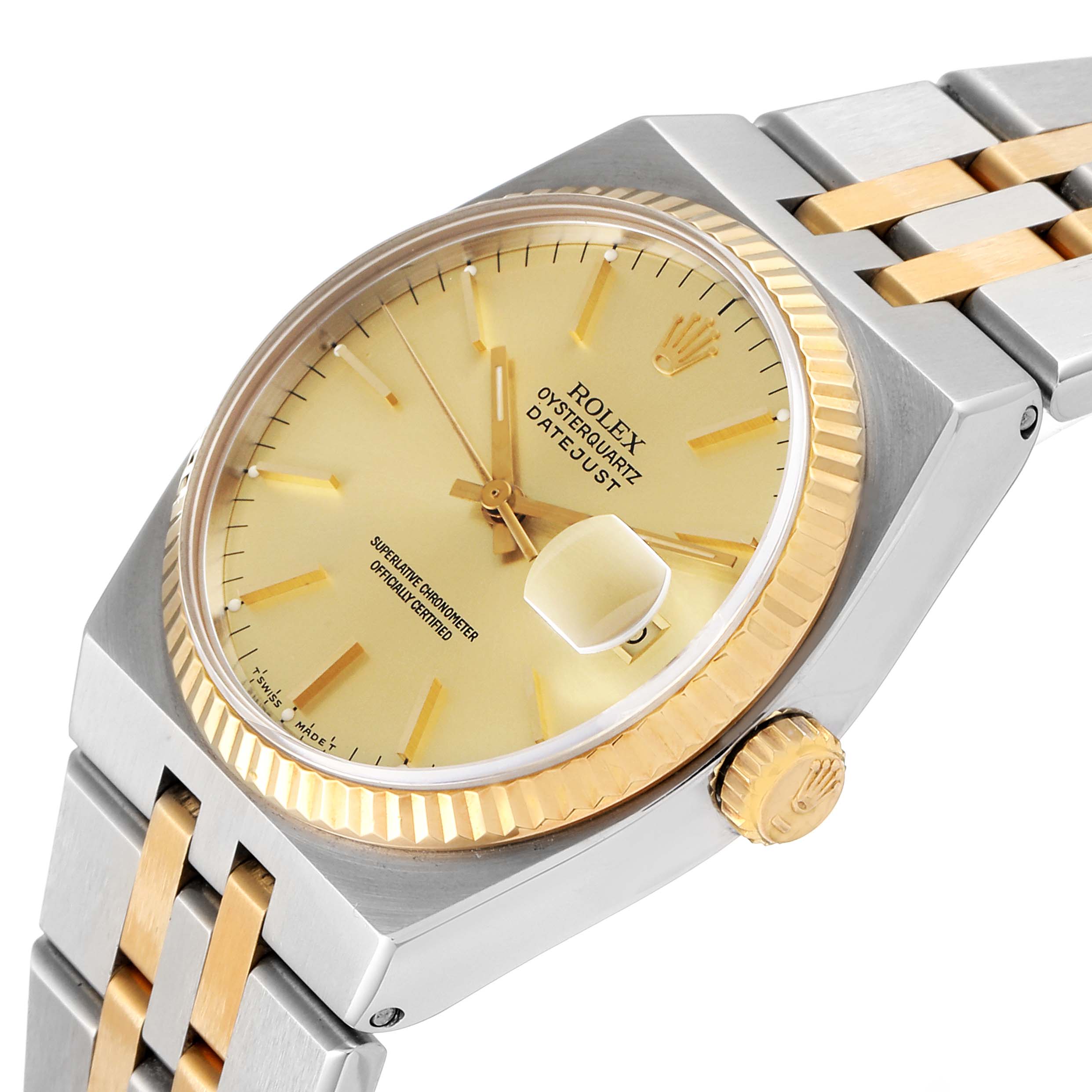 The image shows a close-up angled view of a Rolex Oysterquartz 17013 Men's Steel and Gold (two tone) Champagne Dial 17013 Men's Steel and Gold (two tone) Champagne Dial watch, highlighting its face, bezel, and part of the bracelet.