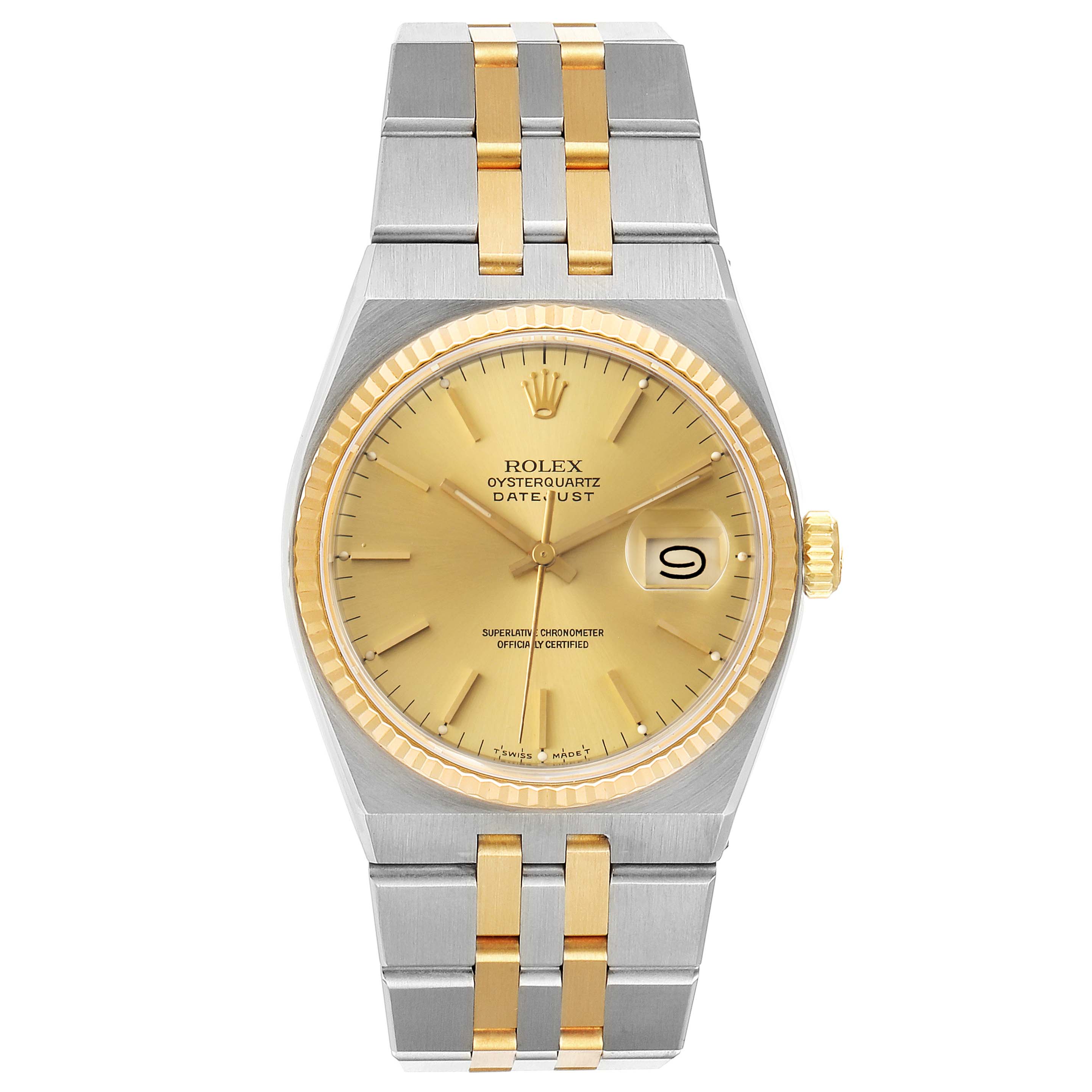 The image shows a Rolex Oysterquartz 17013 Men's Steel and Gold (two tone) Champagne Dial 17013 Men's Steel and Gold (two tone) Champagne Dial watch from a frontal angle, displaying the dial, bracelet, case, and crown.