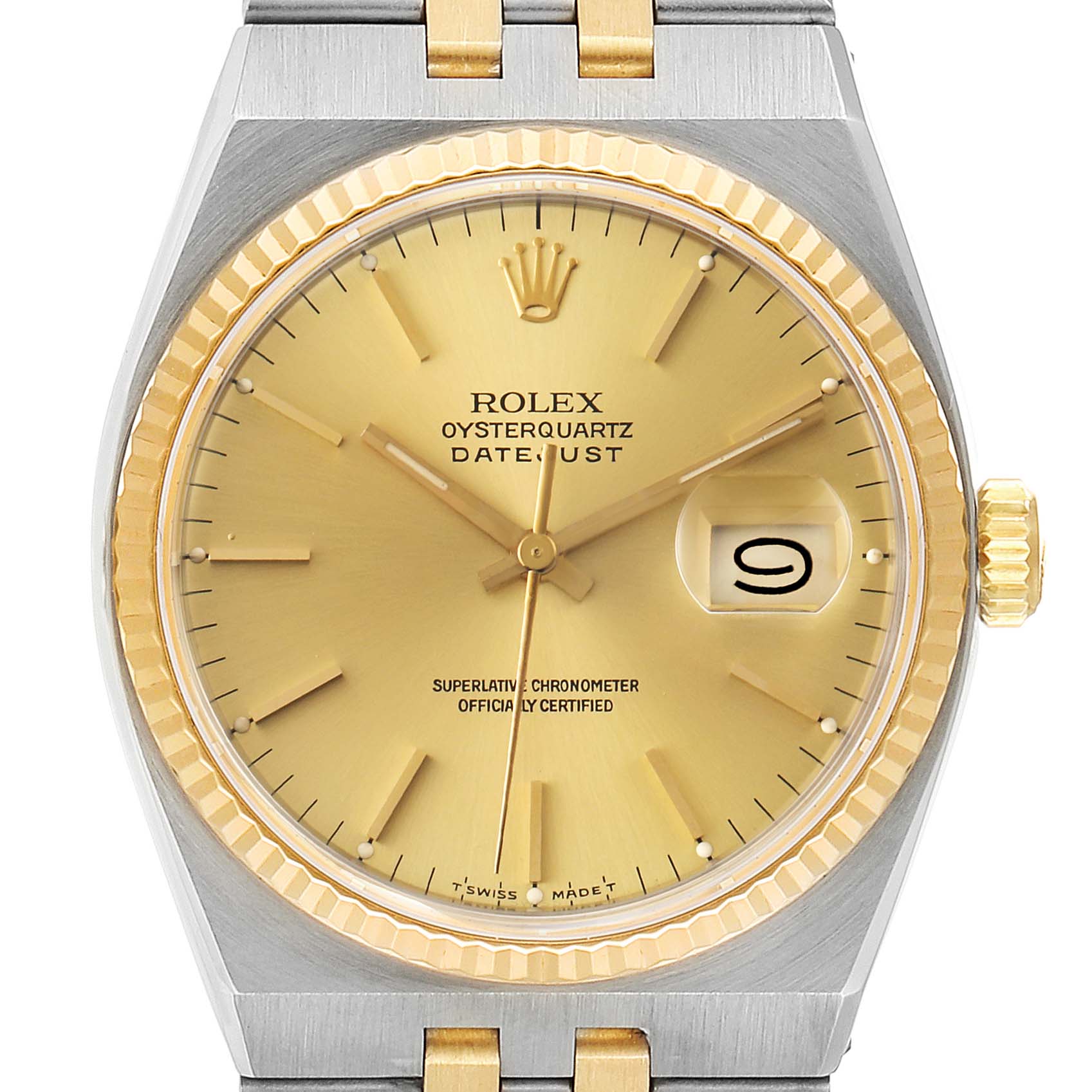 The Rolex Oysterquartz 17013 Men's Steel and Gold (two tone) Champagne Dial 17013 Men's Steel and Gold (two tone) Champagne Dial watch is shown from a front angle, highlighting its gold dial, bezel, hands, and date window.
