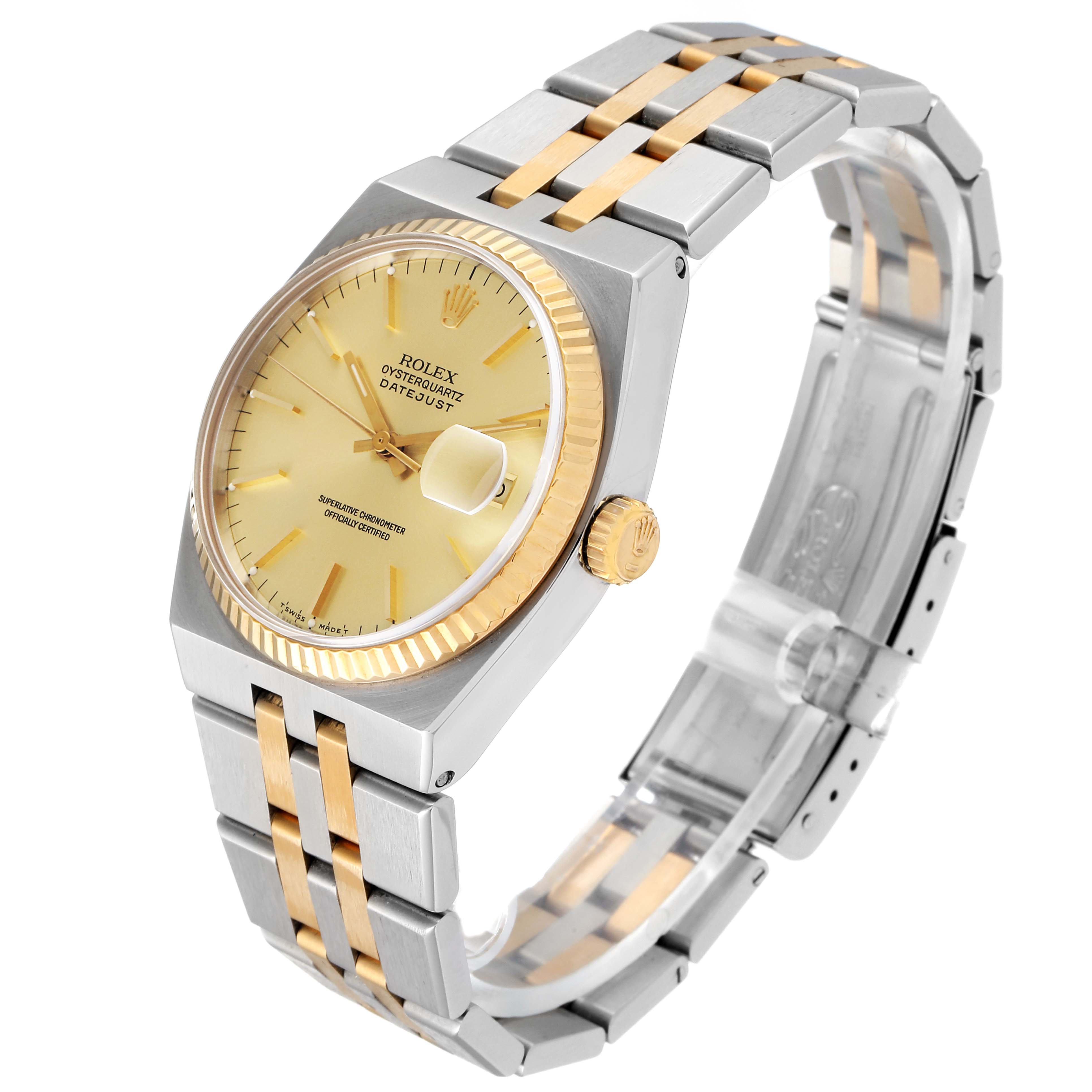 The Rolex Oysterquartz 17013 Men's Steel and Gold (two tone) Champagne Dial 17013 Men's Steel and Gold (two tone) Champagne Dial watch is shown at a slight angle, highlighting the face, bezel, crown, and two-tone bracelet.