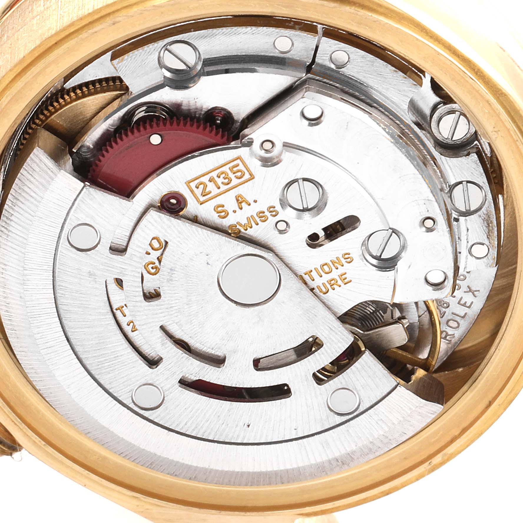 The image shows the internal mechanical movement of the Rolex President 69268 Women's Yellow Gold Champagne Dial 69268 Women's Yellow Gold Champagne Dial watch model from a close-up, top-down angle.